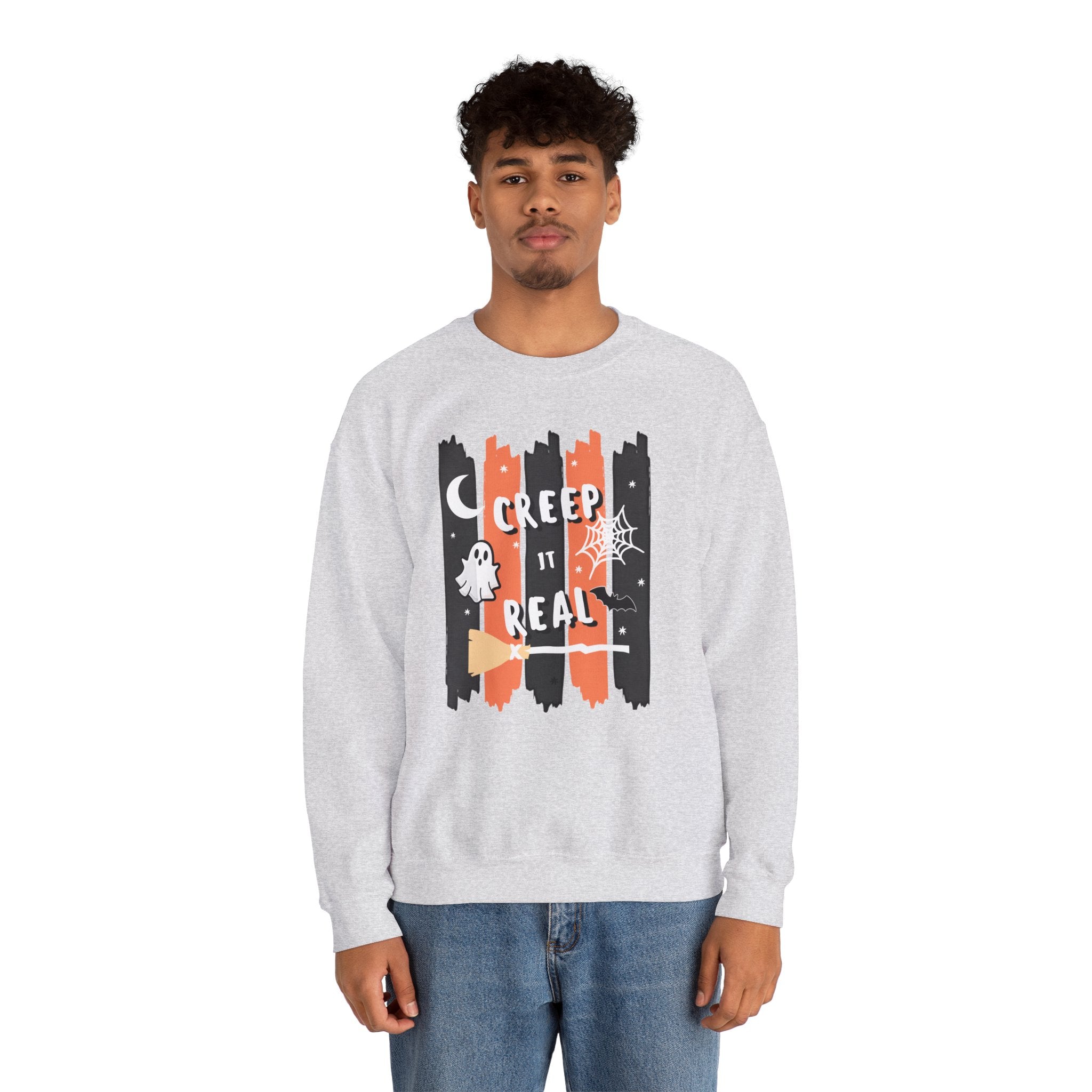 Creep It Real Halloween Sweatshirt, Funny Ghost Bat Spiderweb Crewneck, Orange Black Stripe Halloween Shirt, Cute Fall Pullover Women Gift