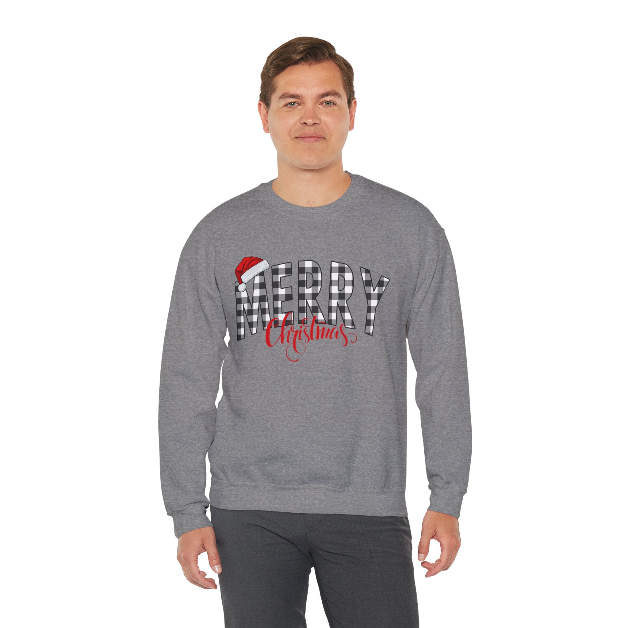 Merry Christmas Buffalo Plaid Sweatshirt, Santa Hat Christmas Sweatshirt, Plaid Christmas Shirt, Women's Holiday Sweatshirt, Christmas Gift