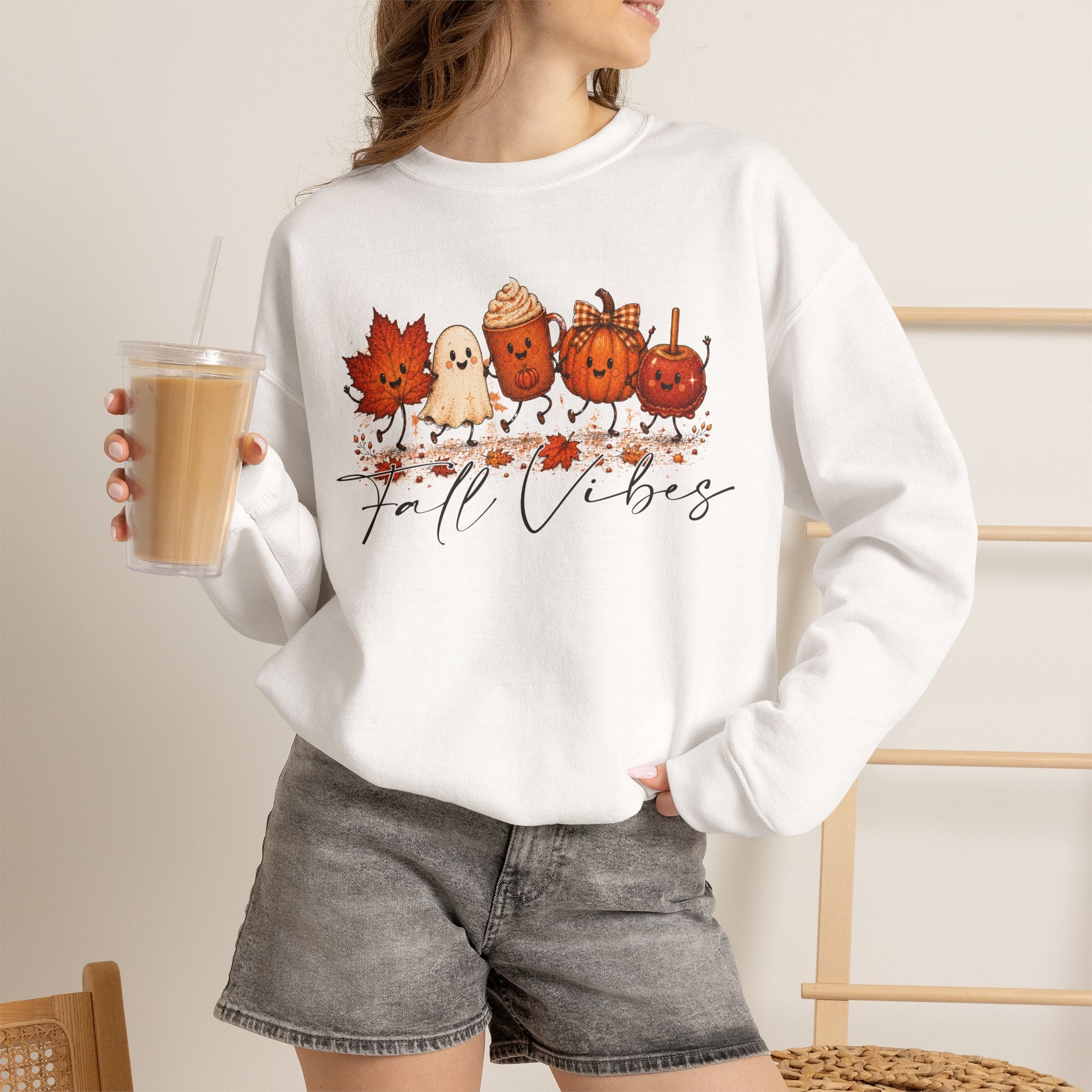 Fall Vibes Sweatshirt, Cute Autumn Characters Crewneck, Pumpkin Spice Latte Ghost Leaf Sweater, Kawaii Fall Shirt, Halloween Autumn Top