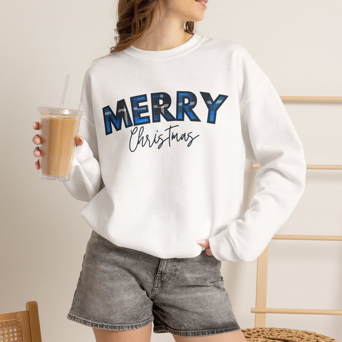 Merry Christmas Blue Plaid Sweatshirt | Buffalo Check Christmas Shirt | Winter Holiday Crewneck | Xmas Gift for Her | Cozy Christmas Top