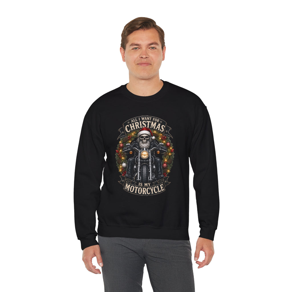Skeleton Biker Christmas Sweatshirt, All I Want For Christmas Is My Motorcycle Shirt, Funny Biker Xmas Gift, Santa Skull Motorcycle Sweater