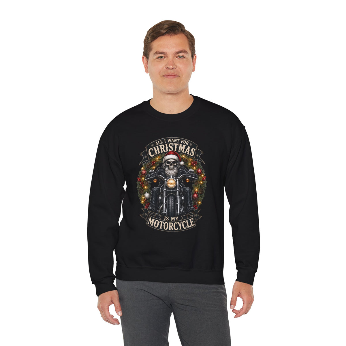 Skeleton Biker Christmas Sweatshirt, All I Want For Christmas Is My Motorcycle Shirt, Funny Biker Xmas Gift, Santa Skull Motorcycle Sweater