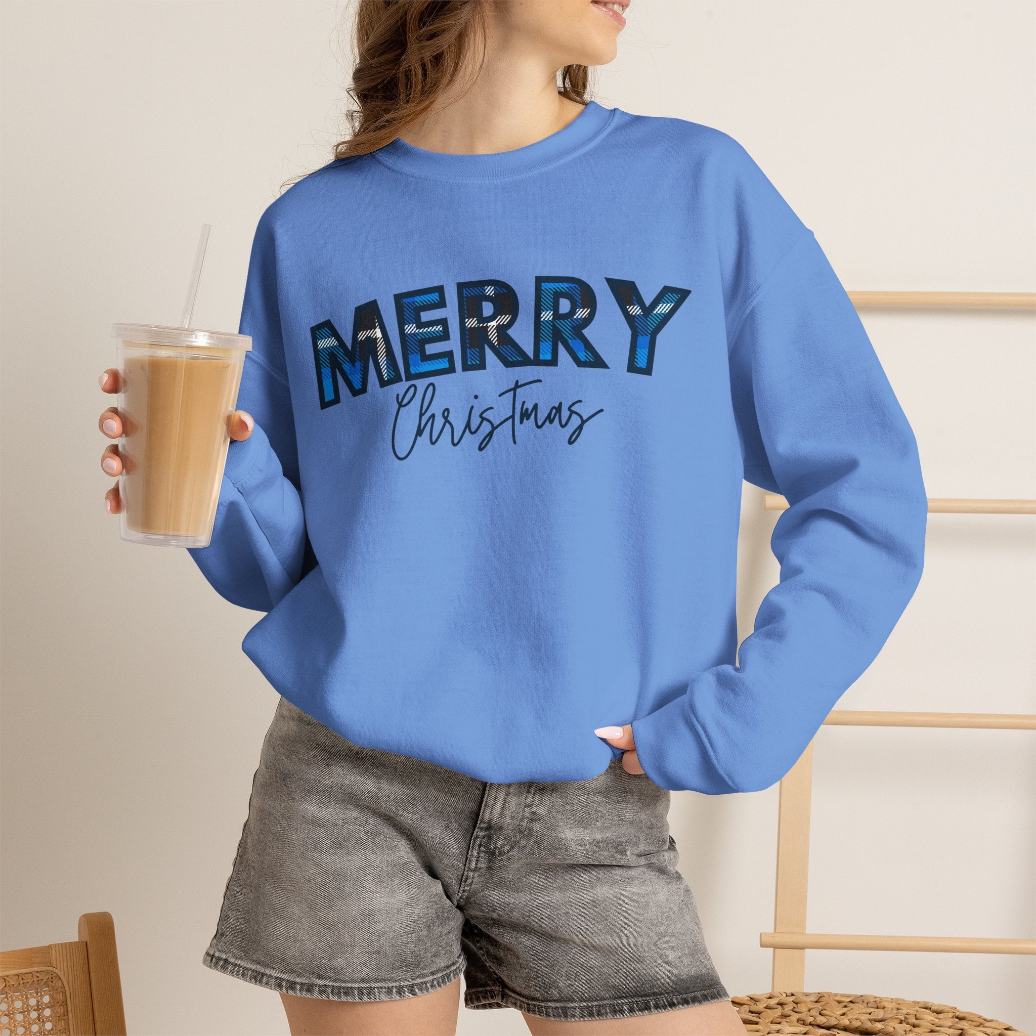 Merry Christmas Blue Plaid Sweatshirt | Buffalo Check Christmas Shirt | Winter Holiday Crewneck | Xmas Gift for Her | Cozy Christmas Top