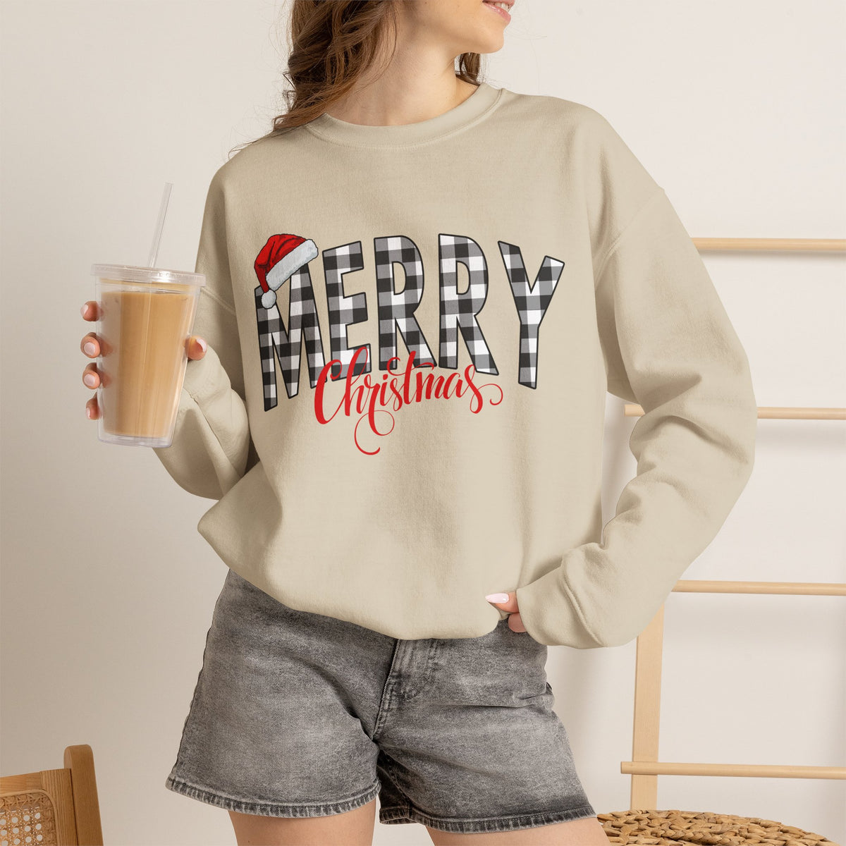 Merry Christmas Buffalo Plaid Sweatshirt, Santa Hat Christmas Sweatshirt, Plaid Christmas Shirt, Women's Holiday Sweatshirt, Christmas Gift
