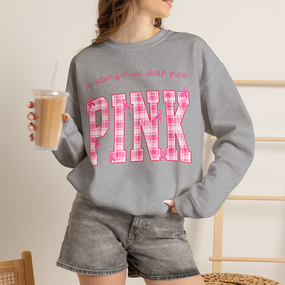 In October We Wear Pink Sweatshirt, Breast Cancer Awareness Top, Pink Plaid Design, Survivor Support Shirt, Pink Ribbon Top