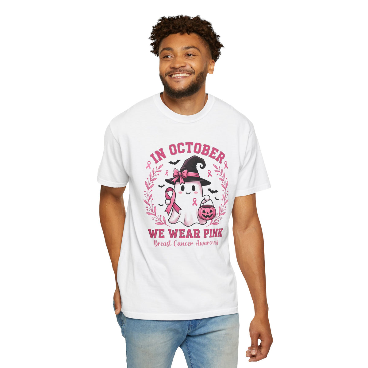 In October We Wear Pink Shirt, Breast Cancer Awareness Ghost Tee, Halloween Pink Ribbon Shirt, Cute Ghost Pumpkin Support Survivor Gift