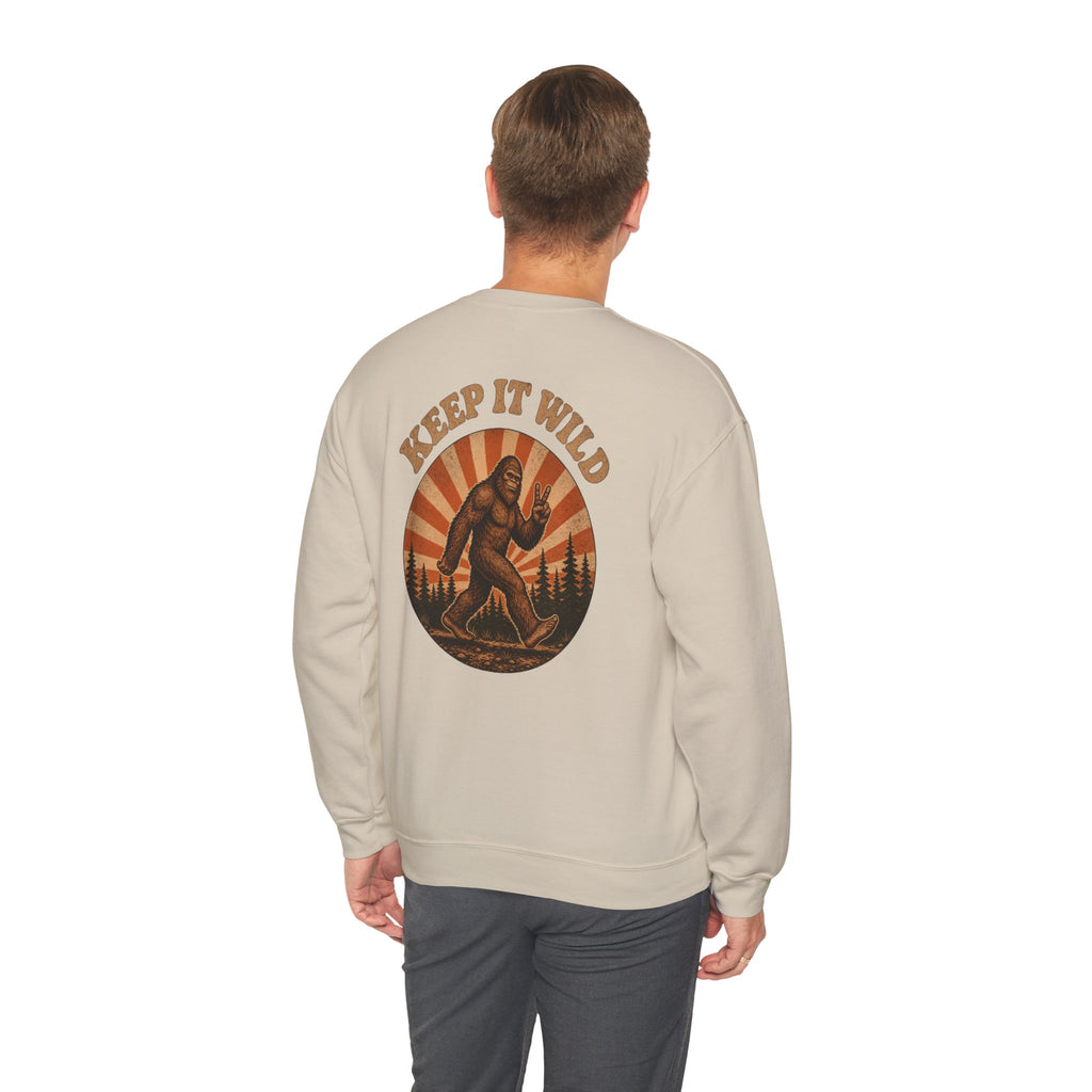 Keep It Wild Bigfoot Sweatshirt, Retro Sasquatch Sunset Graphic Tee, Outdoor Camping Nature Lover Gift, Unisex Crewneck Pullover
