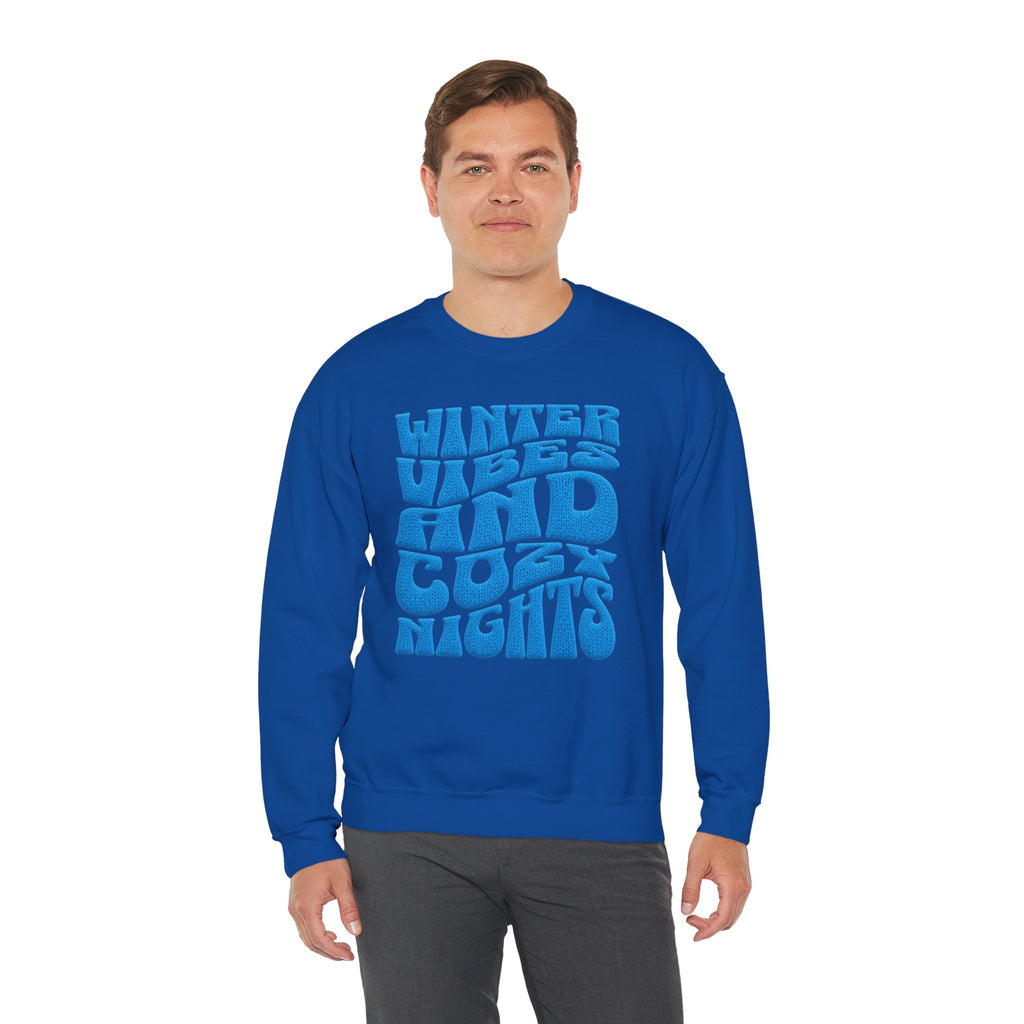 Winter Vibes And Cozy Nights Sweatshirt, Retro Wavy Bubble Letter Sweatshirt, Winter Quote Crewneck, Cozy Season Sweater, Trendy Winter Top