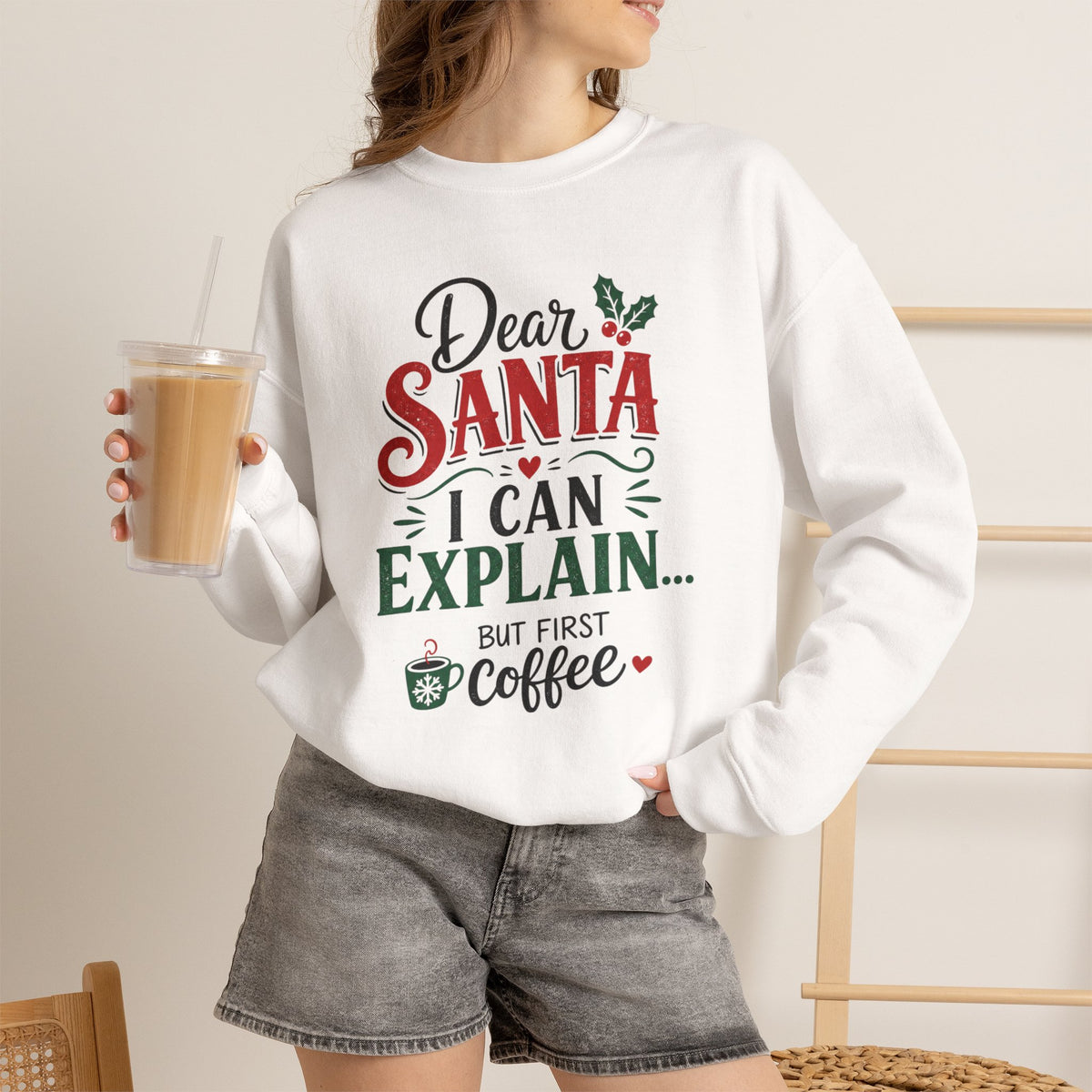 Dear Santa I Can Explain Sweatshirt, Funny Coffee Lover Christmas Shirt, Cute Holiday Crewneck, Sarcastic Xmas Coffee Gift for Her Women