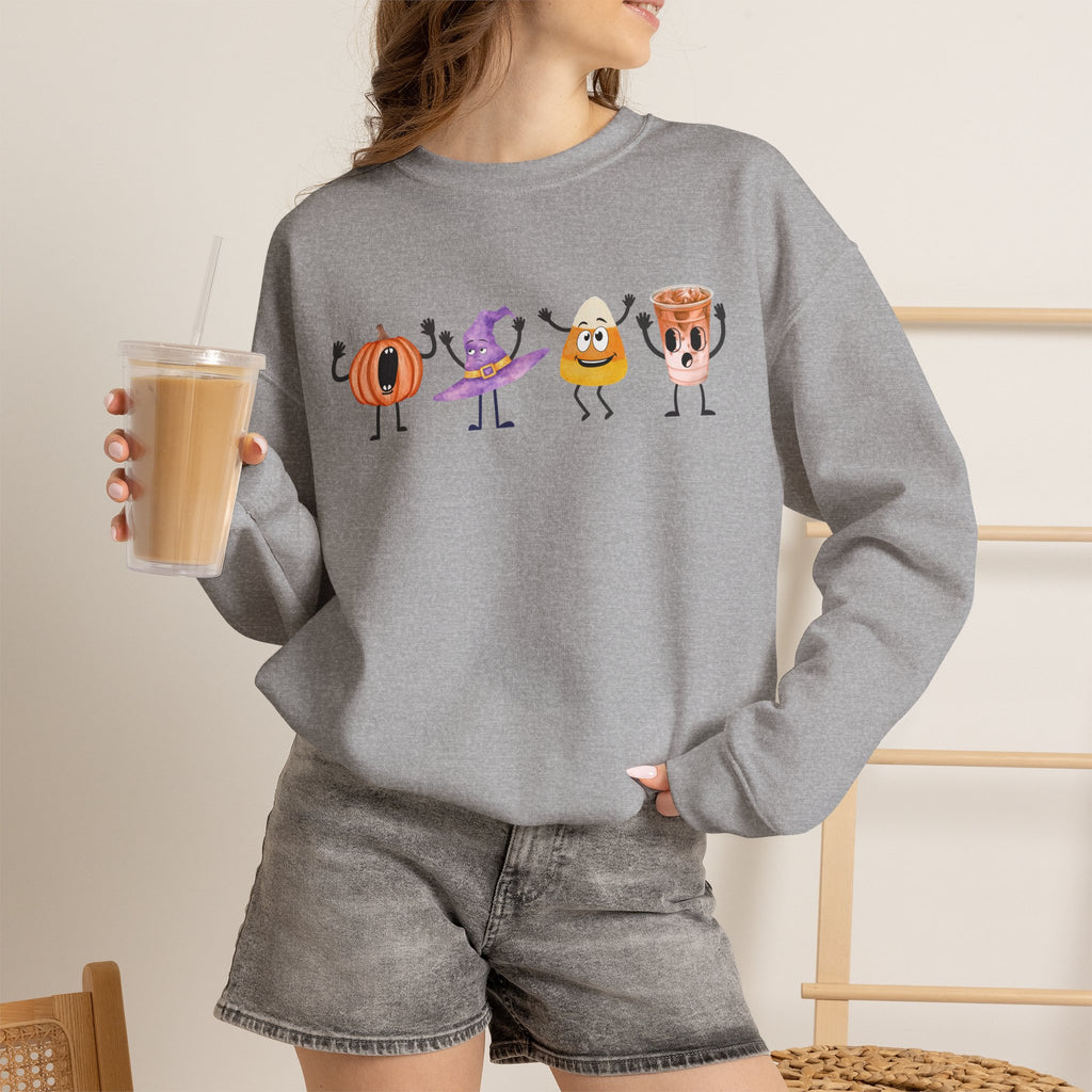 Halloween Sweatshirt Women Dancing Pumpkin Candy Corn Witch Hat Iced Coffee Crewneck Fall Fun Cute Halloween Party Shirt Gift