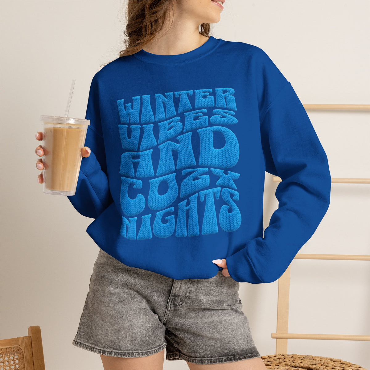 Winter Vibes And Cozy Nights Sweatshirt, Retro Wavy Bubble Letter Sweatshirt, Winter Quote Crewneck, Cozy Season Sweater, Trendy Winter Top