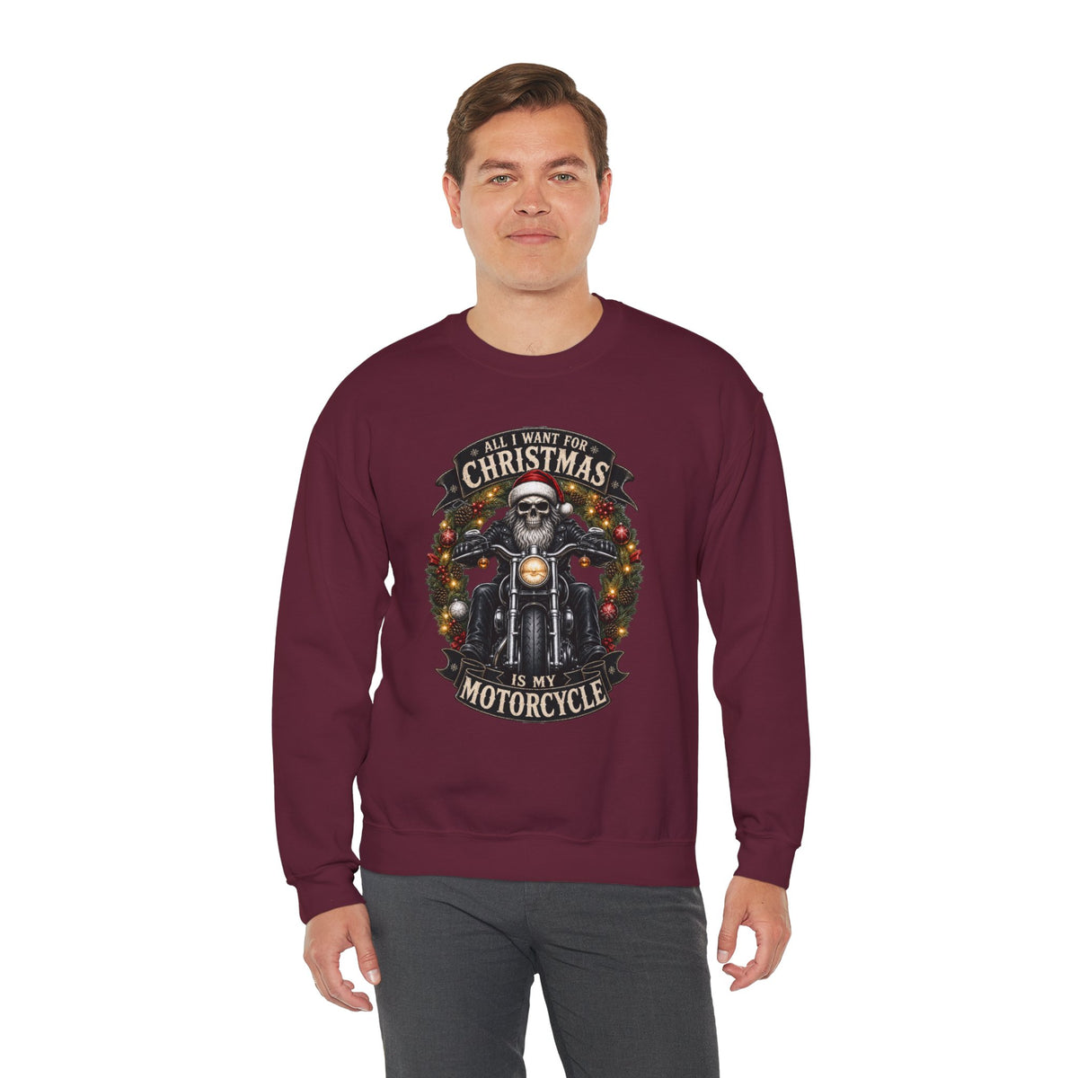 Skeleton Biker Christmas Sweatshirt, All I Want For Christmas Is My Motorcycle Shirt, Funny Biker Xmas Gift, Santa Skull Motorcycle Sweater