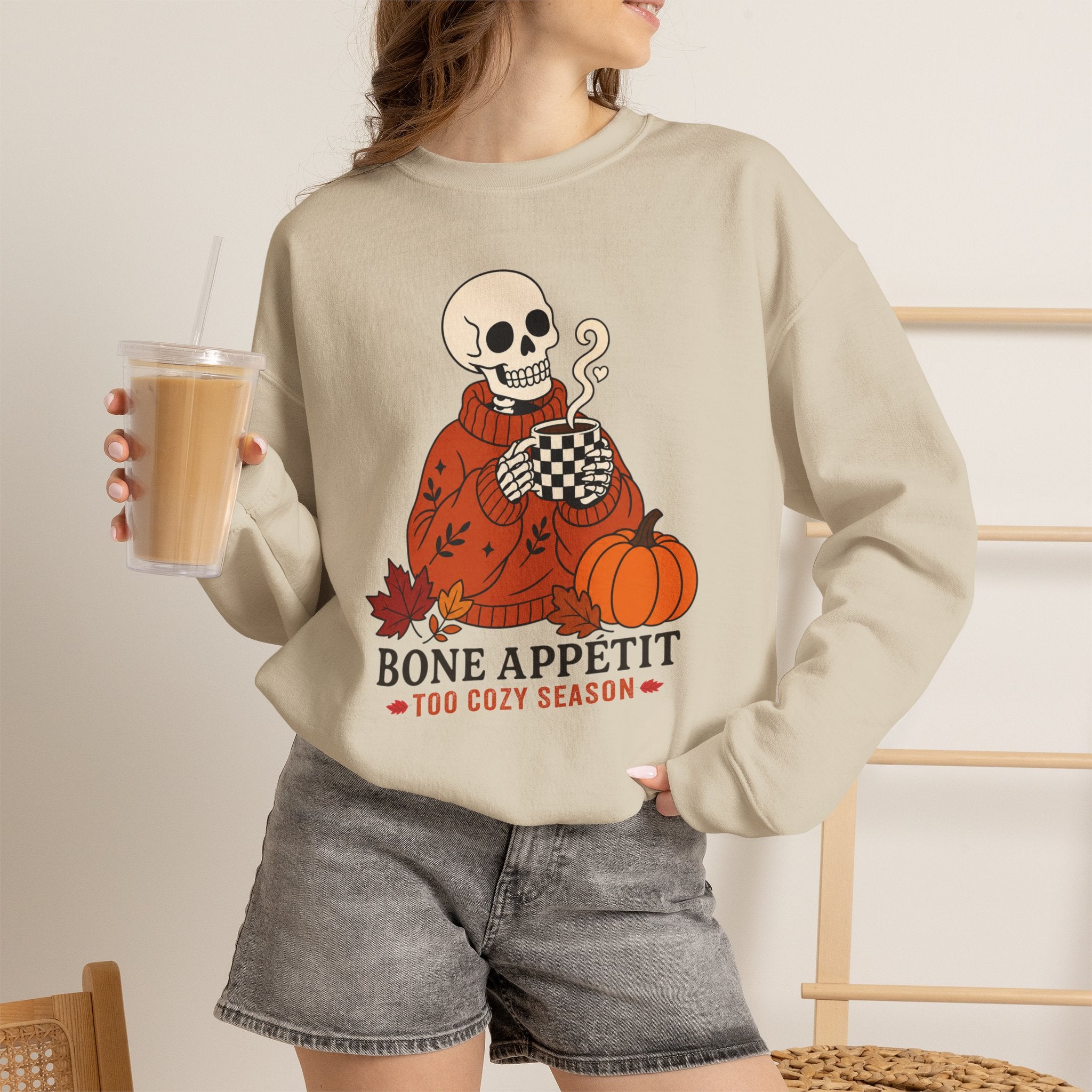 Bone Appetit Sweatshirt, Funny Skeleton Coffee Sweatshirt, Cozy Season Fall Sweater, Halloween Pumpkin Shirt, Skeleton Latte Sweatshirt