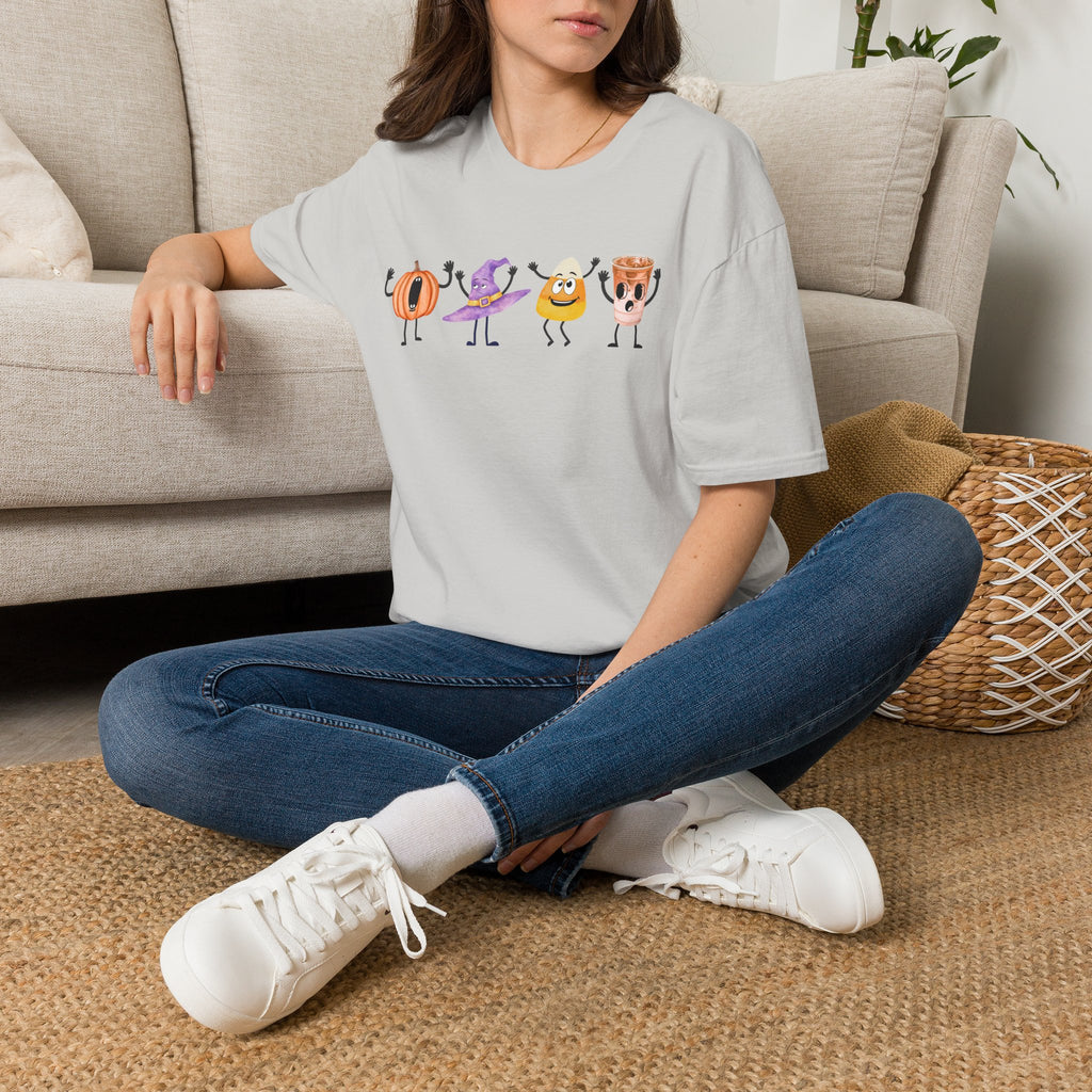 Halloween Women T-shirt Dancing Pumpkin Candy Corn Witch Hat Iced Coffee Crewneck Fall Fun Cute Halloween Party Shirt Gift