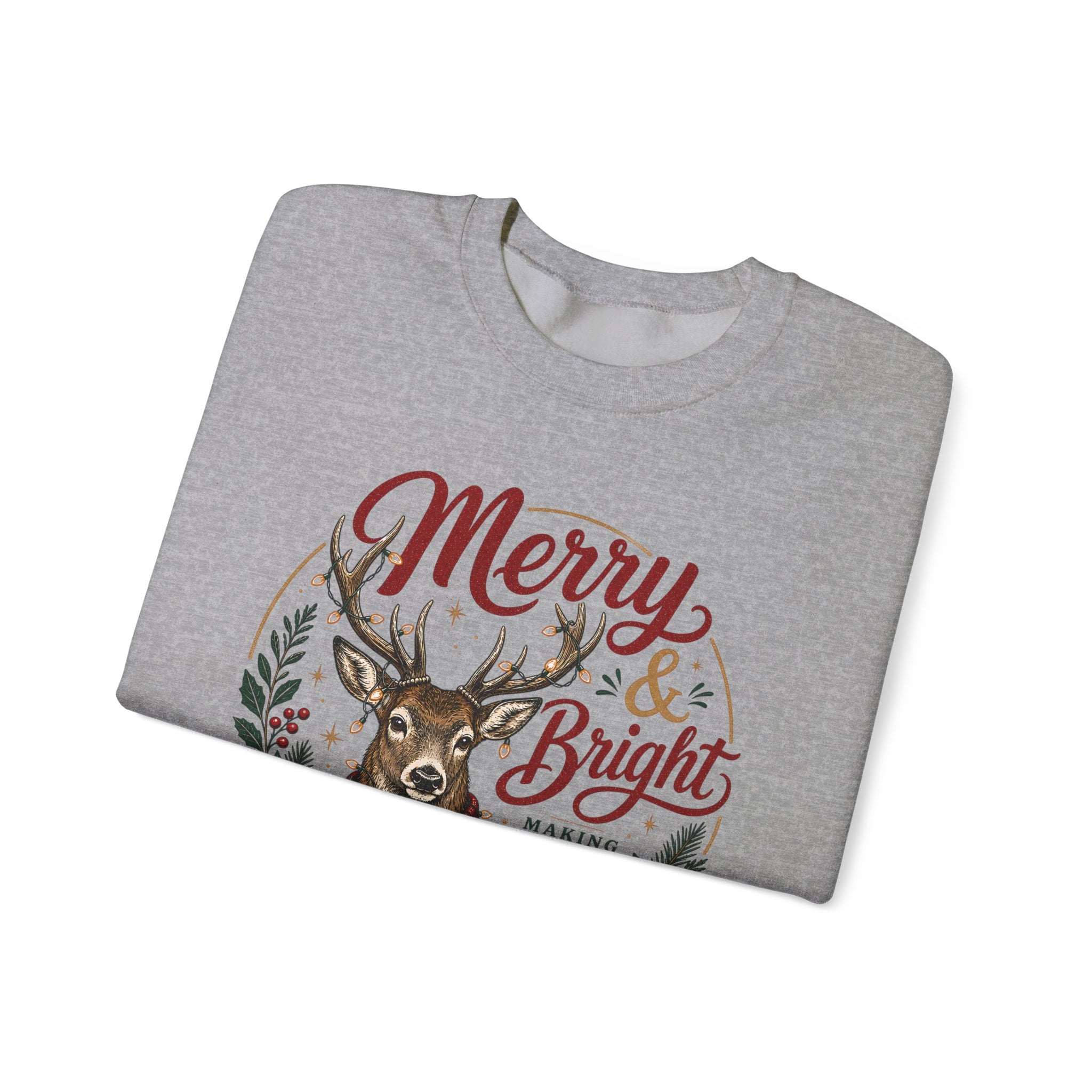 Merry & Bright Deer Sweatshirt, Christmas Reindeer Crewneck, Making Spirits Bright Shirt, Plaid Scarf Deer Sweater, Xmas Gift for Her