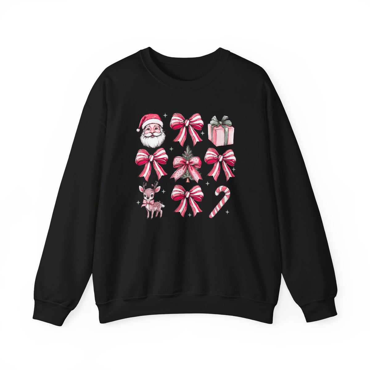 Pink Christmas bows and icons Crewneck Sweatshirt | Santa, reindeer, candy cane