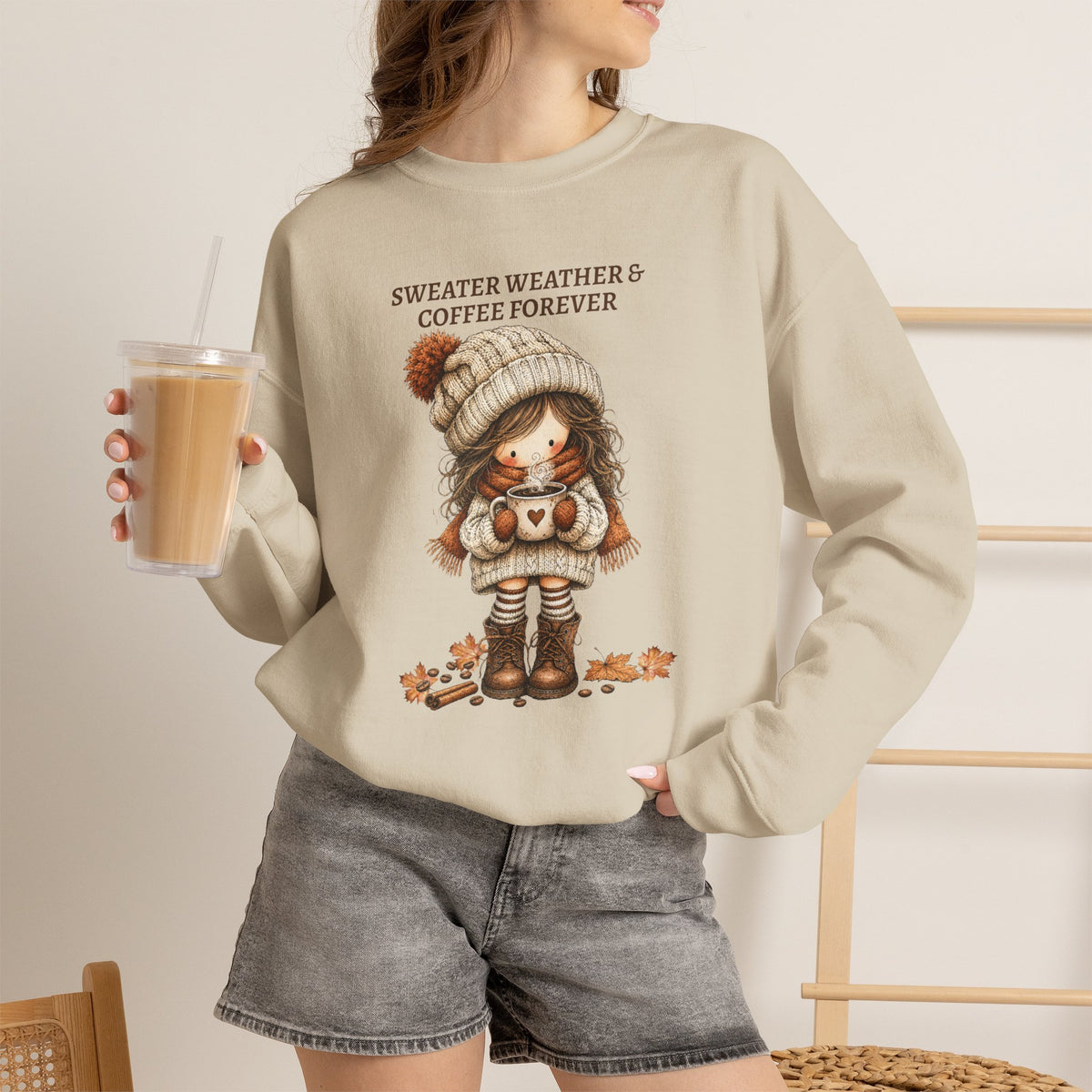 Sweater Weather & Coffee Forever Sweatshirt, Fall Girl Coffee Cup Shirt, Cozy Autumn Crewneck, Cute Boho Fall Vibes Tee, Coffee Lover Gift