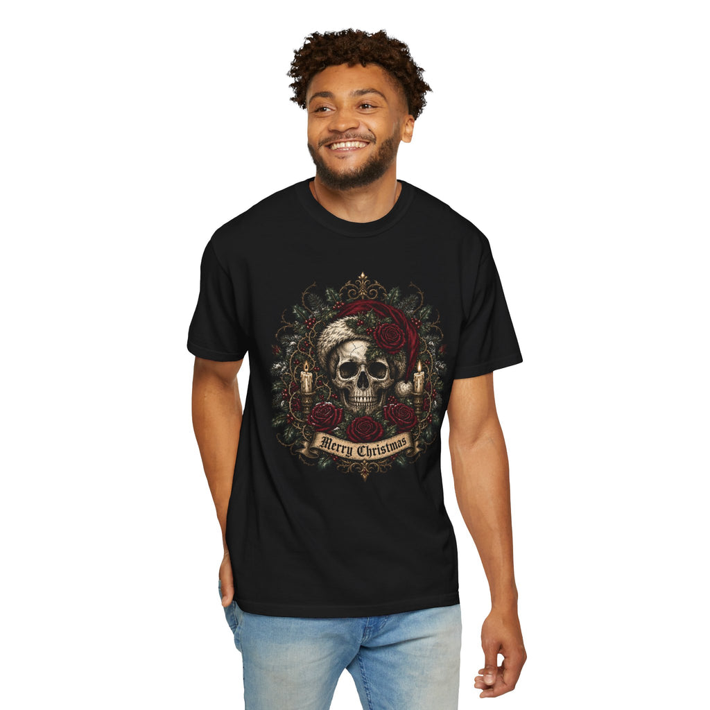 Gothic Skull Christmas Shirt, Dark Santa Skull Tee, Merry Christmas Skeleton Roses Shirt, Alternative Xmas Shirt, Punk Holiday Gift Tee