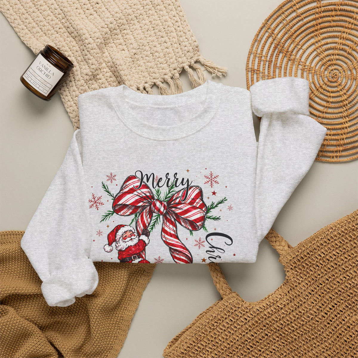 Merry Christmas Sweatshirt, Santa Bow Candy Cane Sweatshirt, Christmas Snowflake Sweatshirt, Womens Holiday Sweatshirt, Christmas Gift