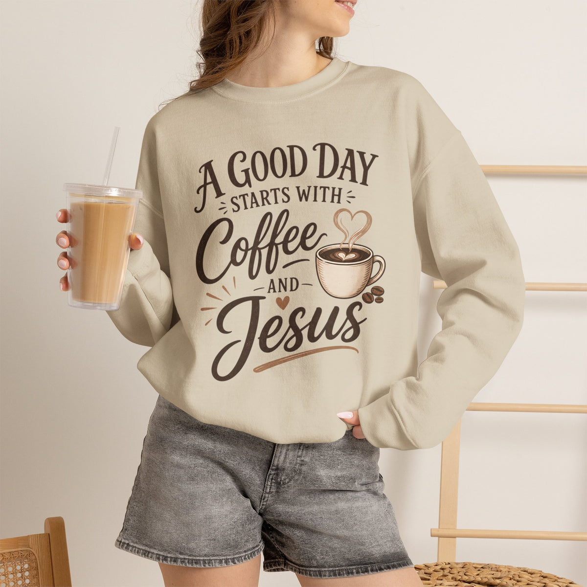 A Good Day Starts with Coffee and Jesus Shirt, Christian Coffee Sweatshirt, Faith Based Top, Religious Coffee Lover Gift, Women's Christian