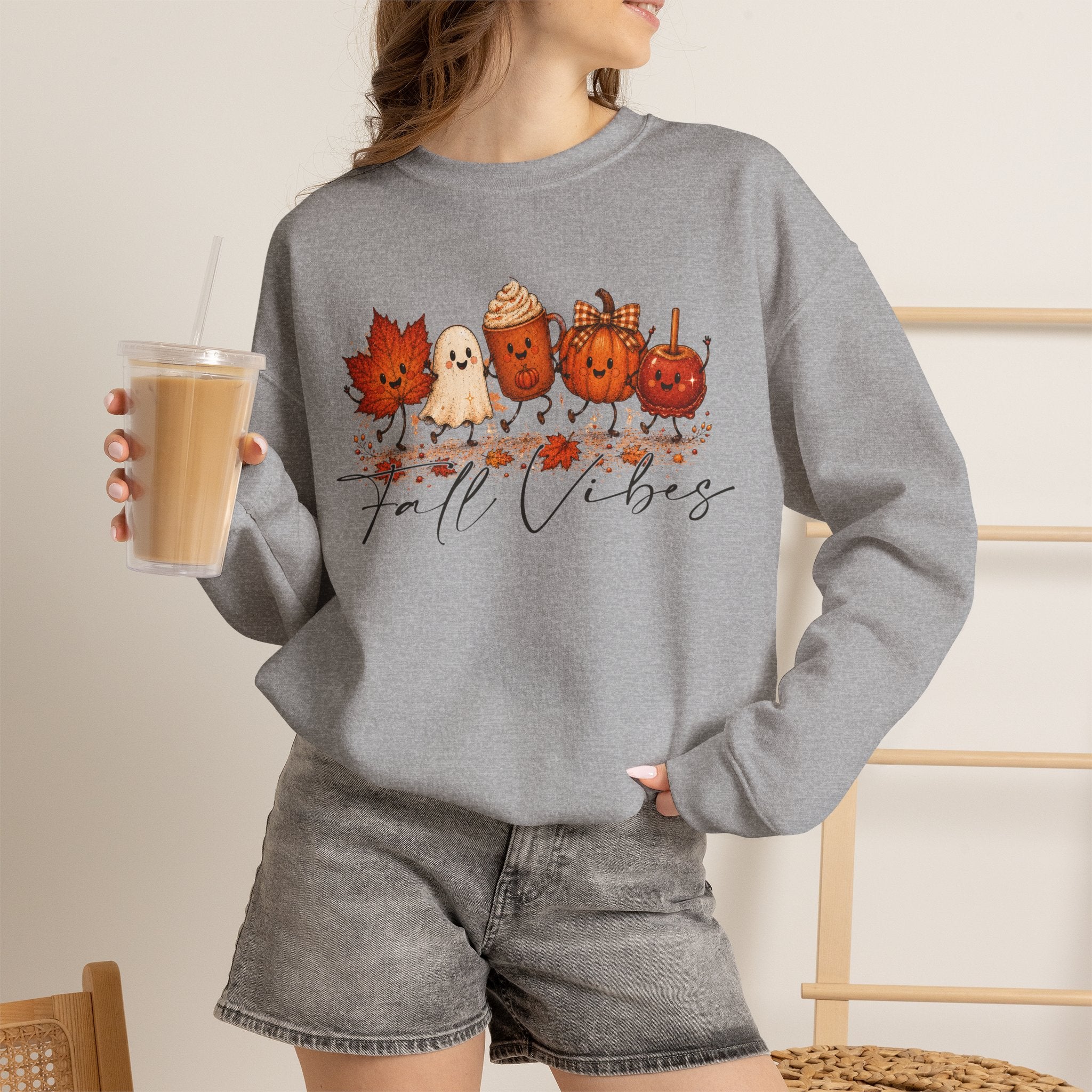 Fall Vibes Sweatshirt, Cute Autumn Characters Crewneck, Pumpkin Spice Latte Ghost Leaf Sweater, Kawaii Fall Shirt, Halloween Autumn Top