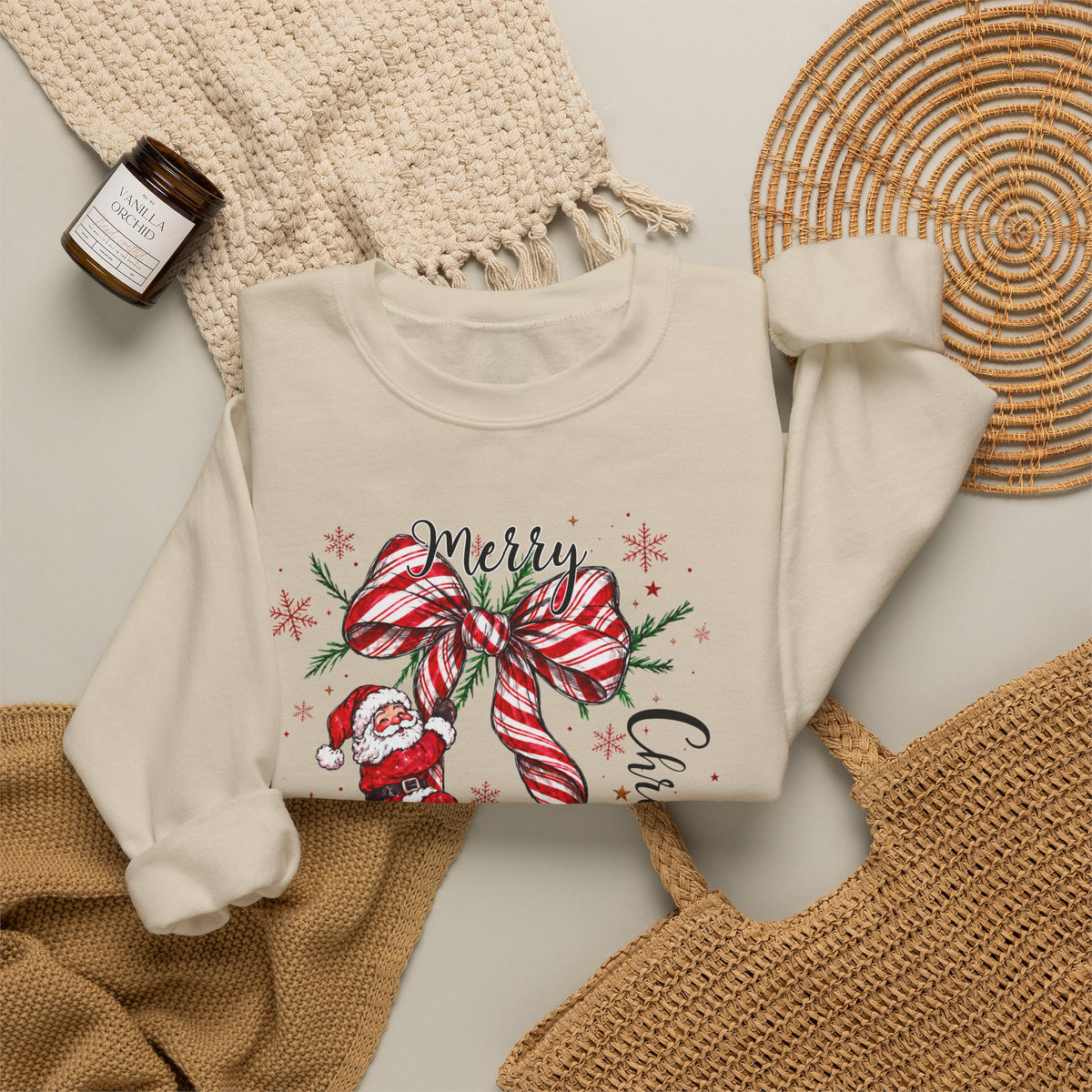 Merry Christmas Sweatshirt, Santa Bow Candy Cane Sweatshirt, Christmas Snowflake Sweatshirt, Womens Holiday Sweatshirt, Christmas Gift
