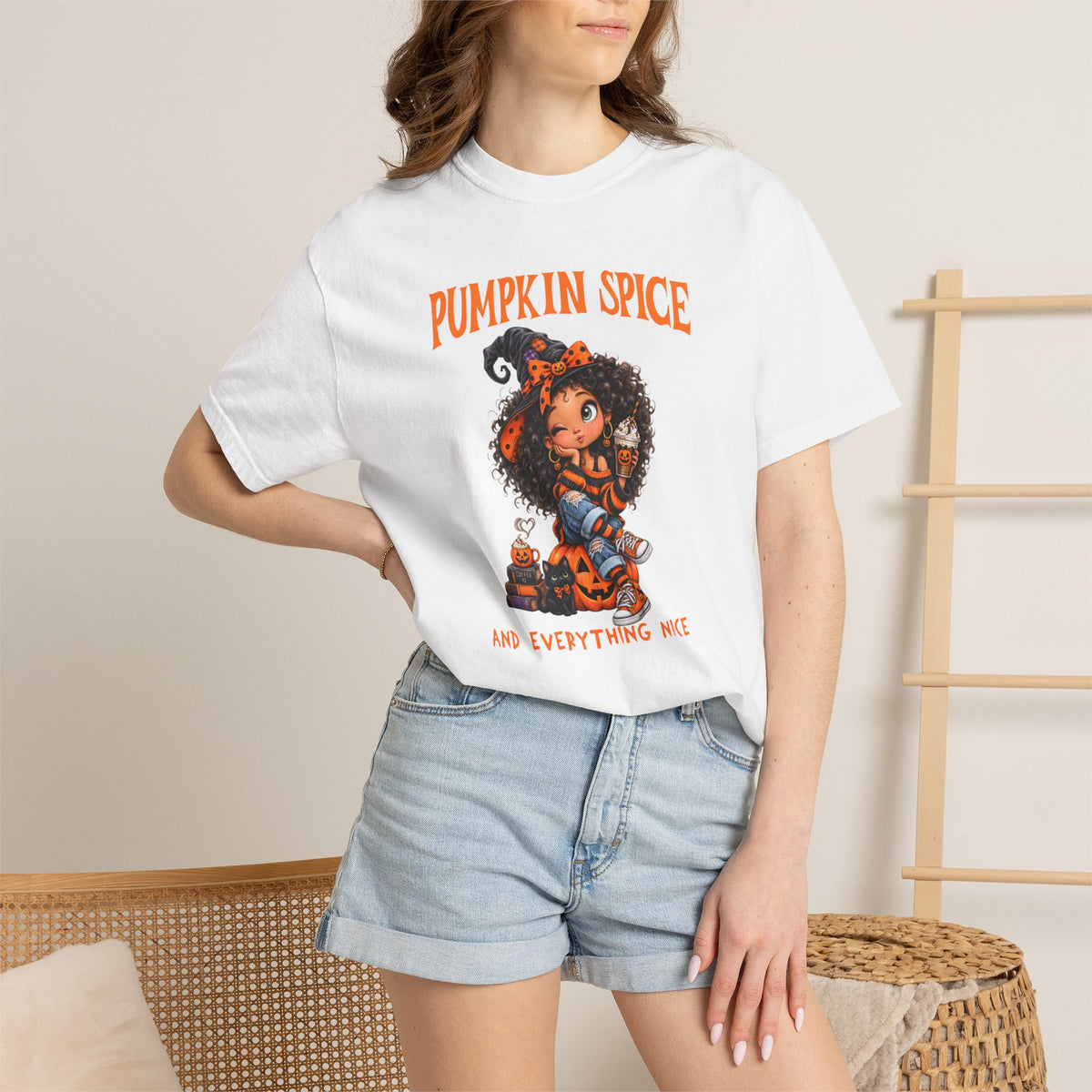 Pumpkin Comfort Colors Spice and Everything Nice T-Shirt, Cute Halloween and Fall Crewneck Trendy T-Shirt, Autumn Coffee Fall Shirt Gift