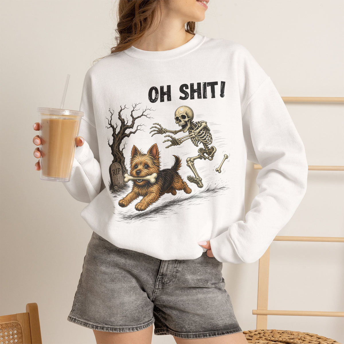 OH SHIT! Funny Skeleton Halloween Sweatshirt, Yorkie Terrier Dog Lover Shirt, Funny Fall Sweatshirt, Halloween Dog Mom Gift, Trick Treat