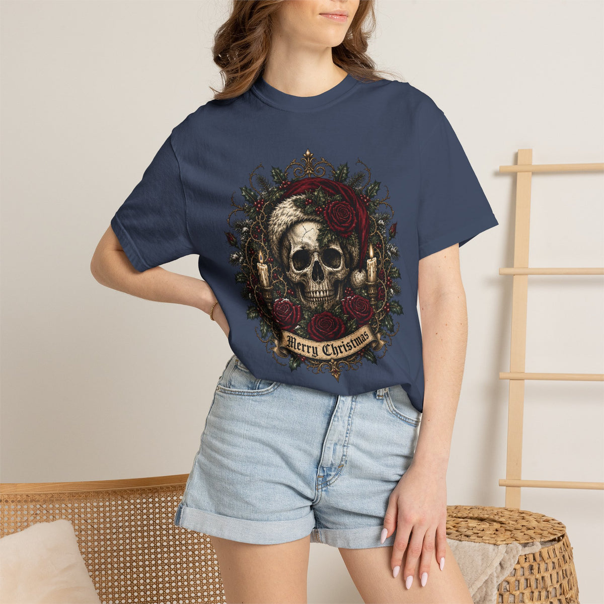 Gothic Skull Christmas Shirt, Dark Santa Skull Tee, Merry Christmas Skeleton Roses Shirt, Alternative Xmas Shirt, Punk Holiday Gift Tee