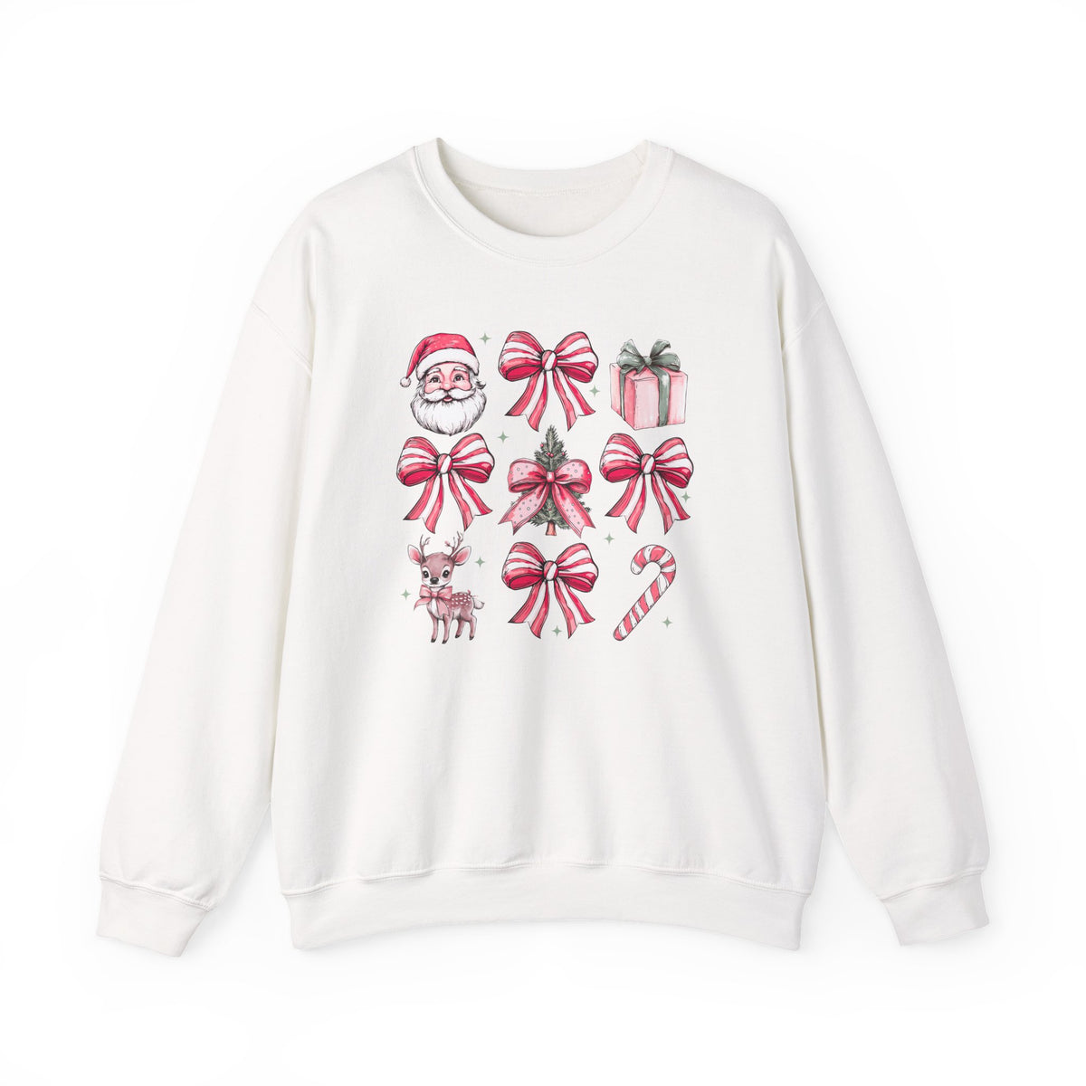 Pink Christmas bows and icons Crewneck Sweatshirt | Santa, reindeer, candy cane