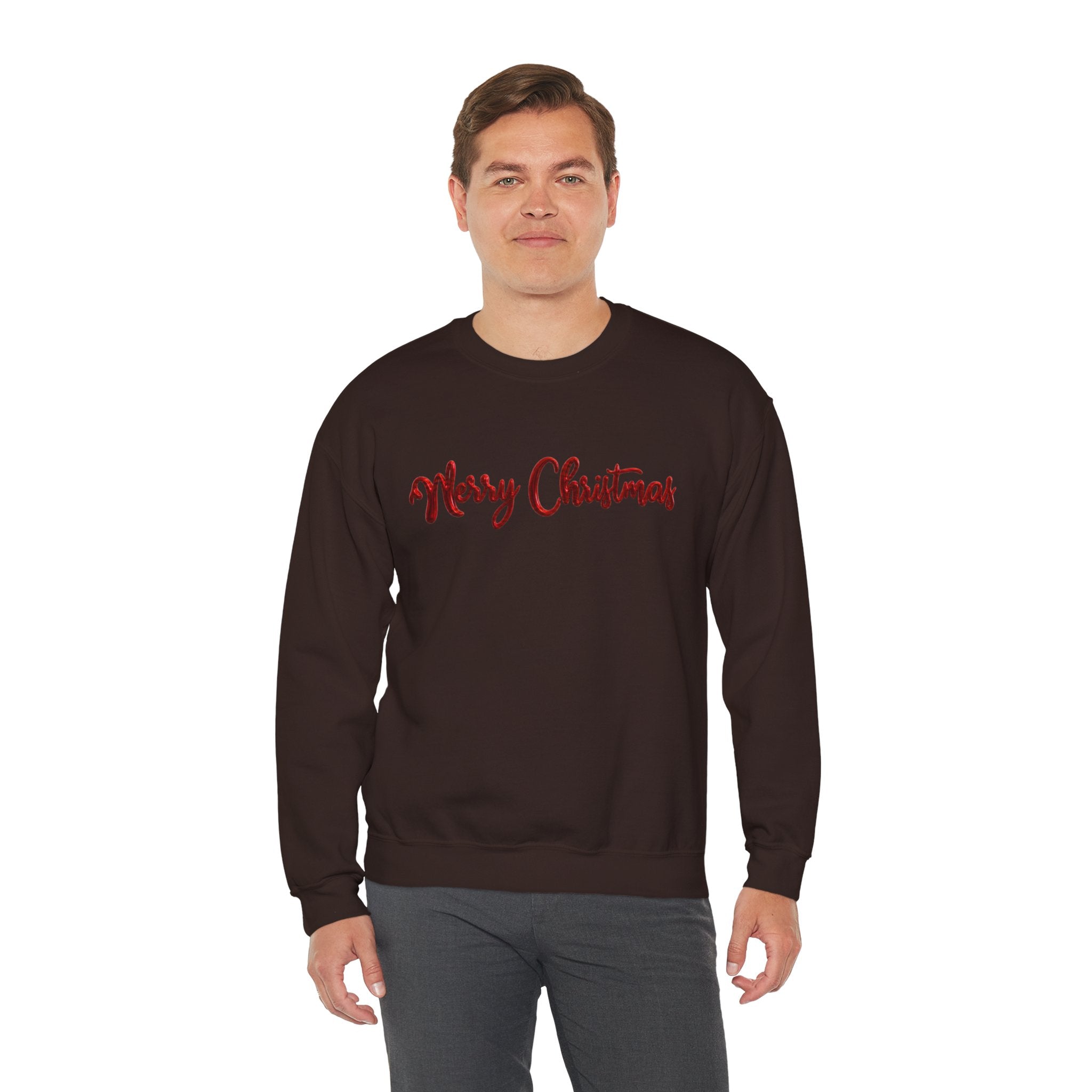 Merry Christmas Sweatshirt, Green Crewneck with Red Metallic Script Font, Christmas Shirt, Holiday Sweater, Xmas Gift for Her, Gift for Him
