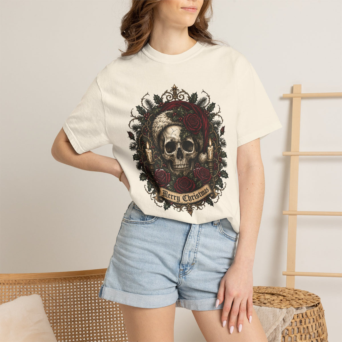 Gothic Skull Christmas Shirt, Dark Santa Skull Tee, Merry Christmas Skeleton Roses Shirt, Alternative Xmas Shirt, Punk Holiday Gift Tee
