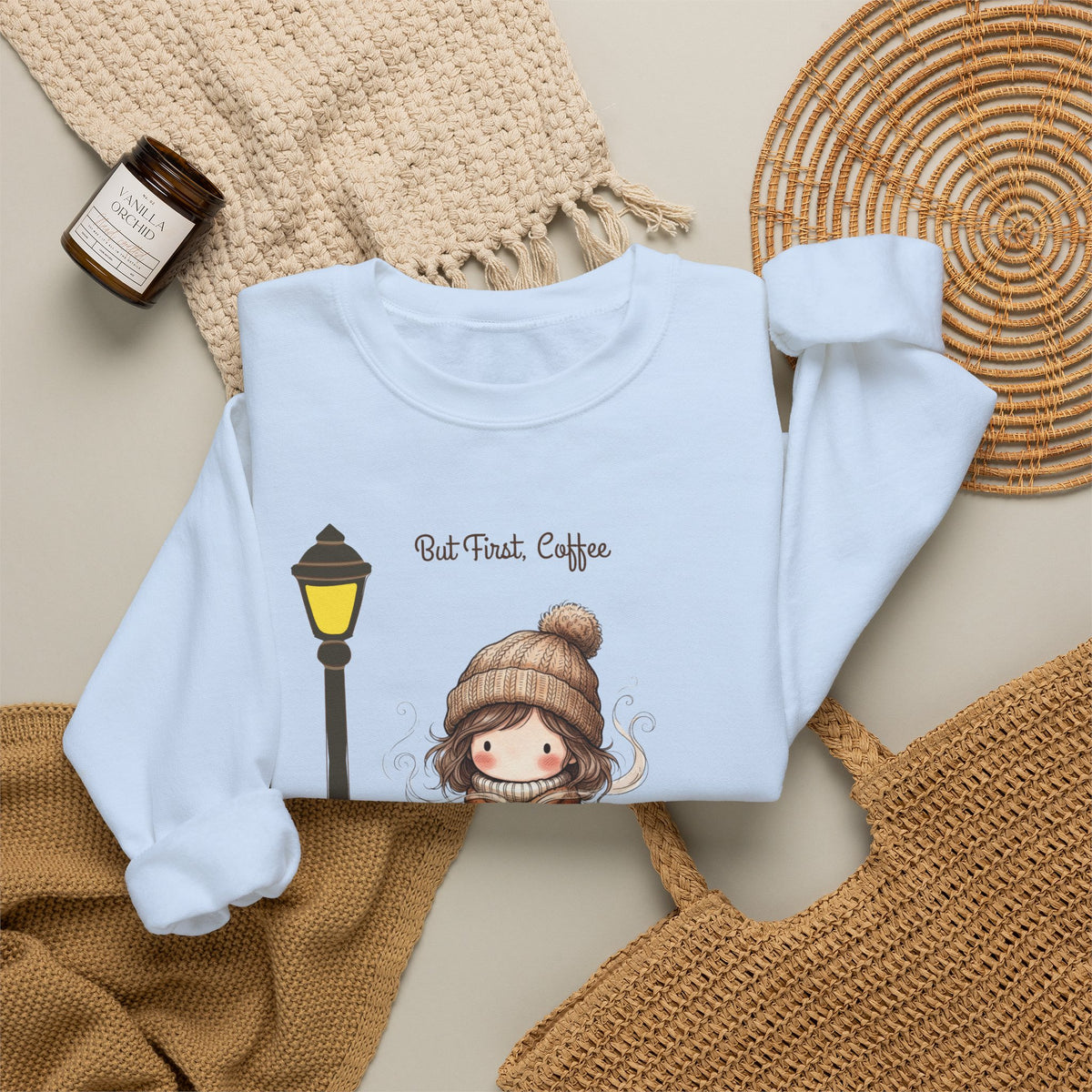 But First Coffee Sweatshirt, Fall Girl on Bench Shirt, Autumn Coffee Lover Crewneck, Cute Cozy Fall Sweatshirt, Coffee Gift for Her