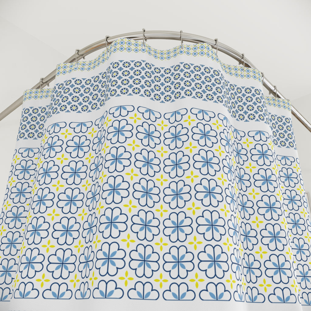 Moroccan Tile Shower Curtain, Blue Yellow Geometric Bathroom Decor, Mediterranean Boho Bath, Blue Mosaic Print, Farmhouse Bathroom