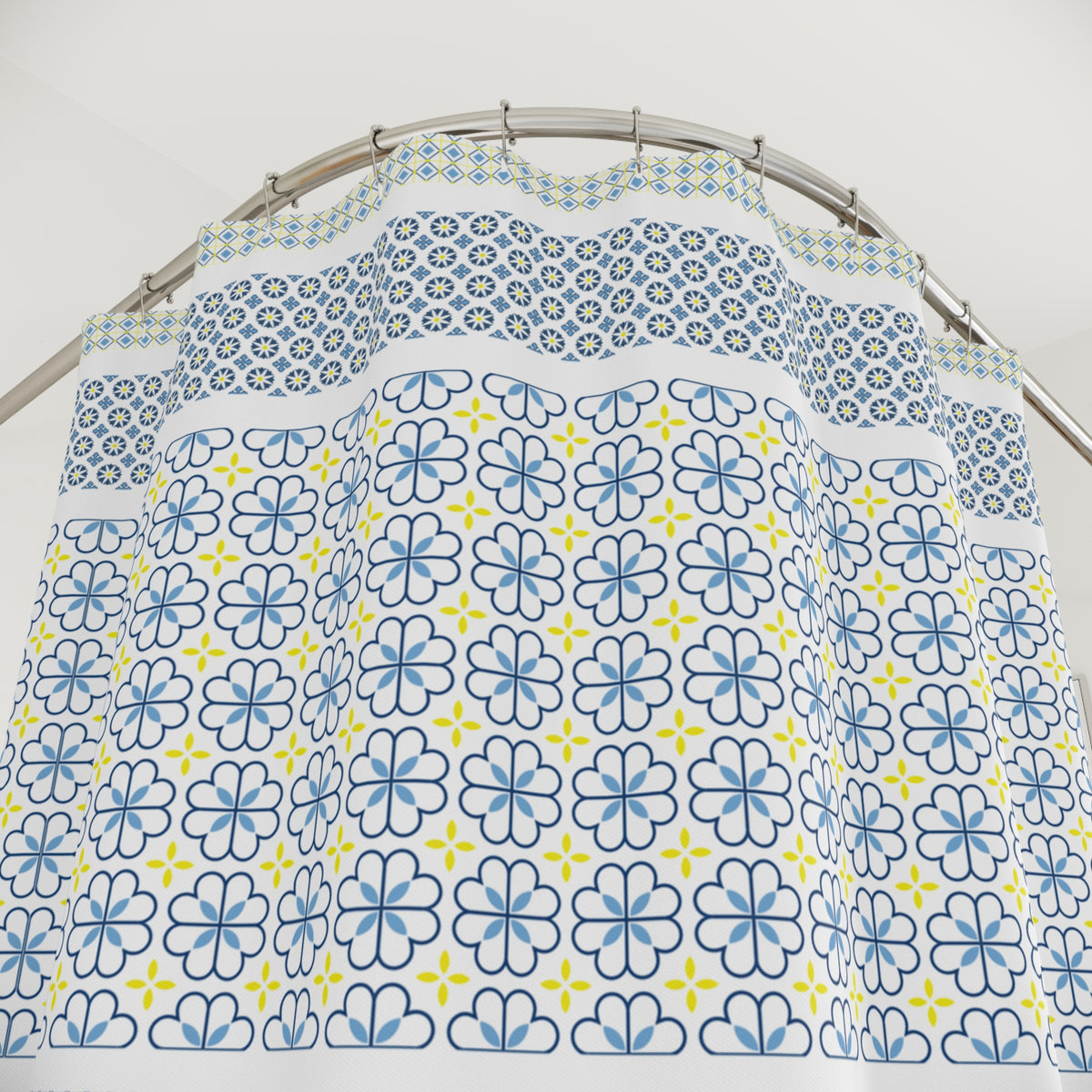 Moroccan Tile Shower Curtain, Blue Yellow Geometric Bathroom Decor, Mediterranean Boho Bath, Blue Mosaic Print, Farmhouse Bathroom