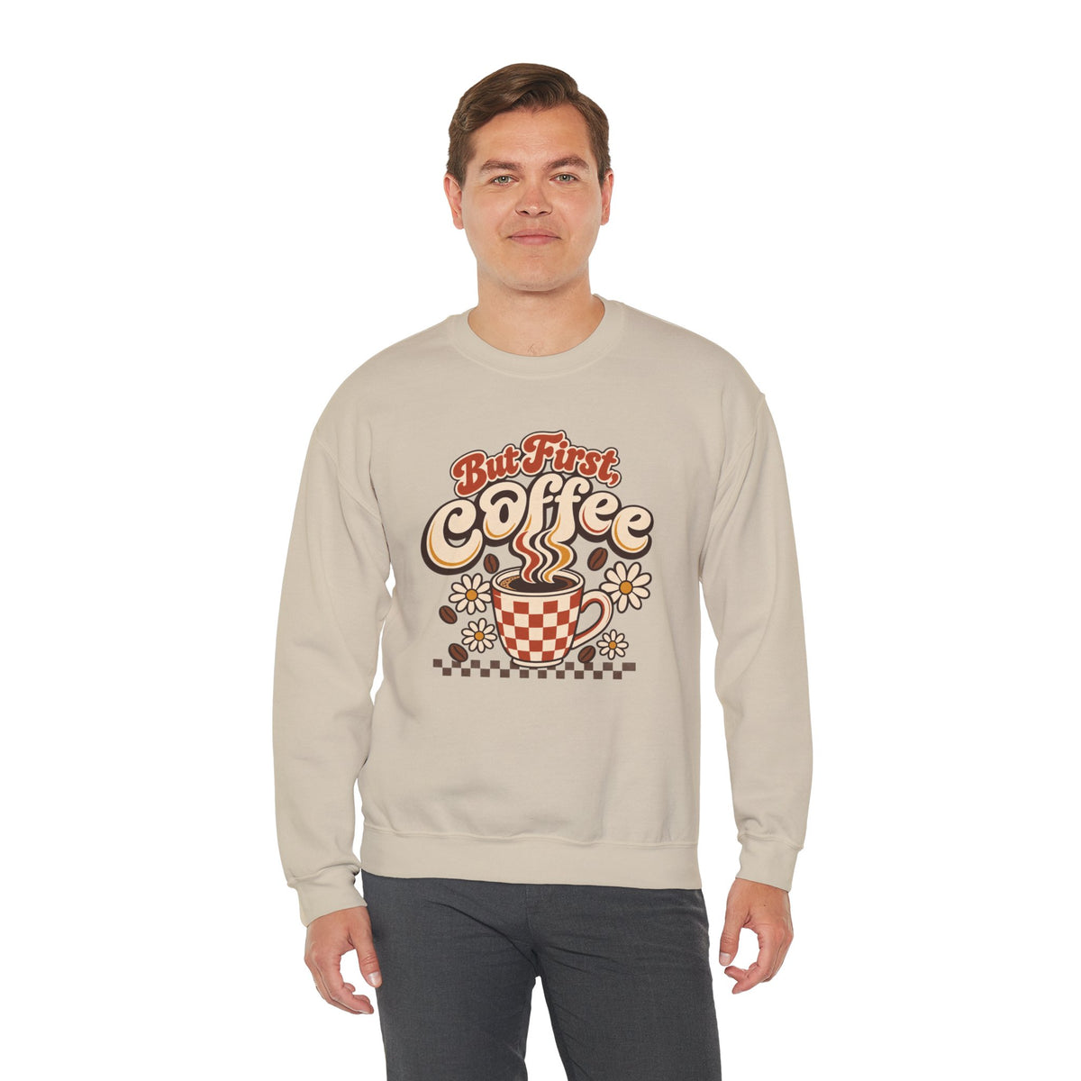But First Coffee Shirt, Retro Checkered Mug Daisy Sweatshirt, Groovy Coffee Lover Tee, Trendy Coffee Shirt, Retro Floral Coffee Gift Shirt
