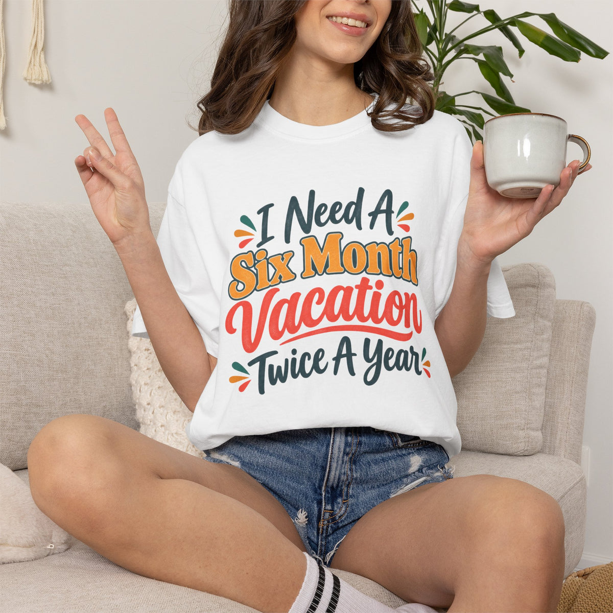I Need A Six Month Vacation Twice   Funny Sarcastic T-Shirt, Retro Groovy Quote Tee, Humor Vacation Shirt, Gift for Coworker Mom