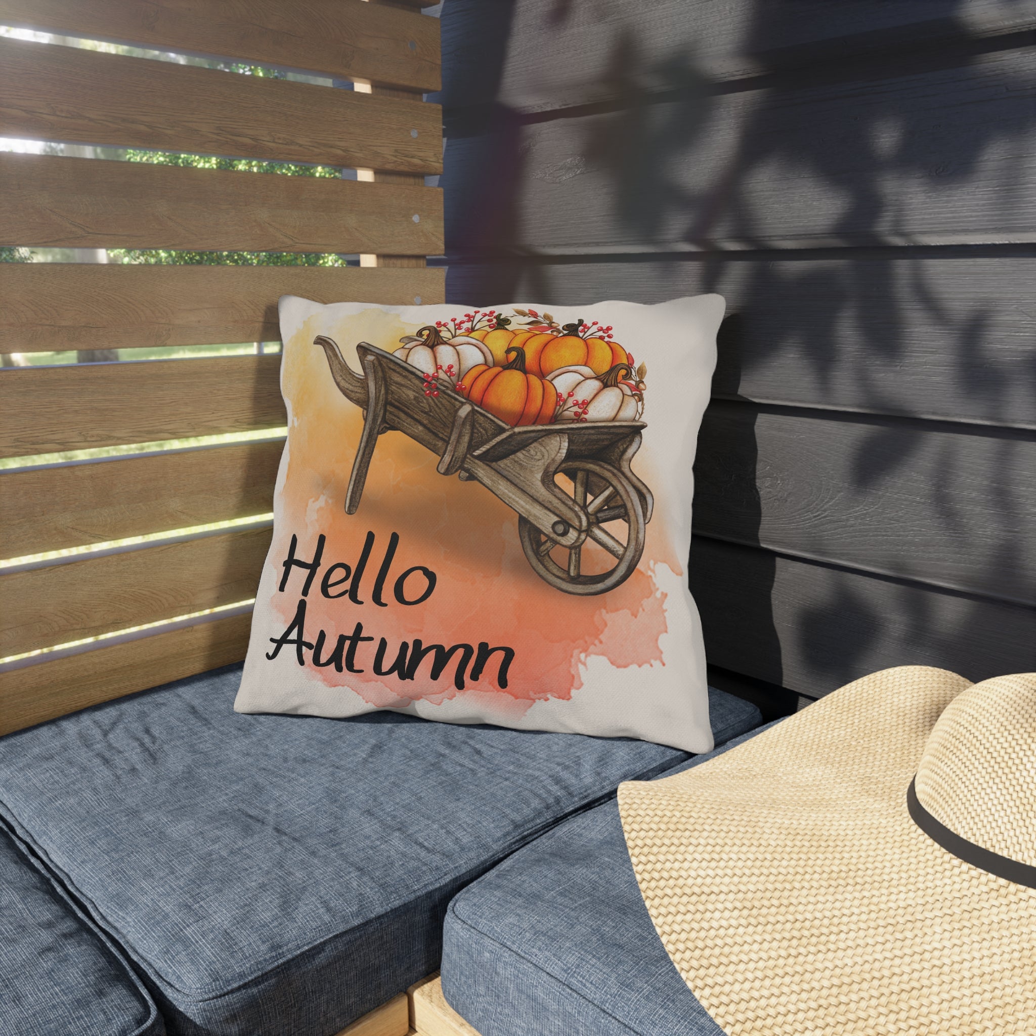 Hello Autumn Pillow Cover Pumpkin Wheelbarrow Fall Throw Pillow Watercolor Sunset Farmhouse Home Decor Thanksgiving Housewarming Gift