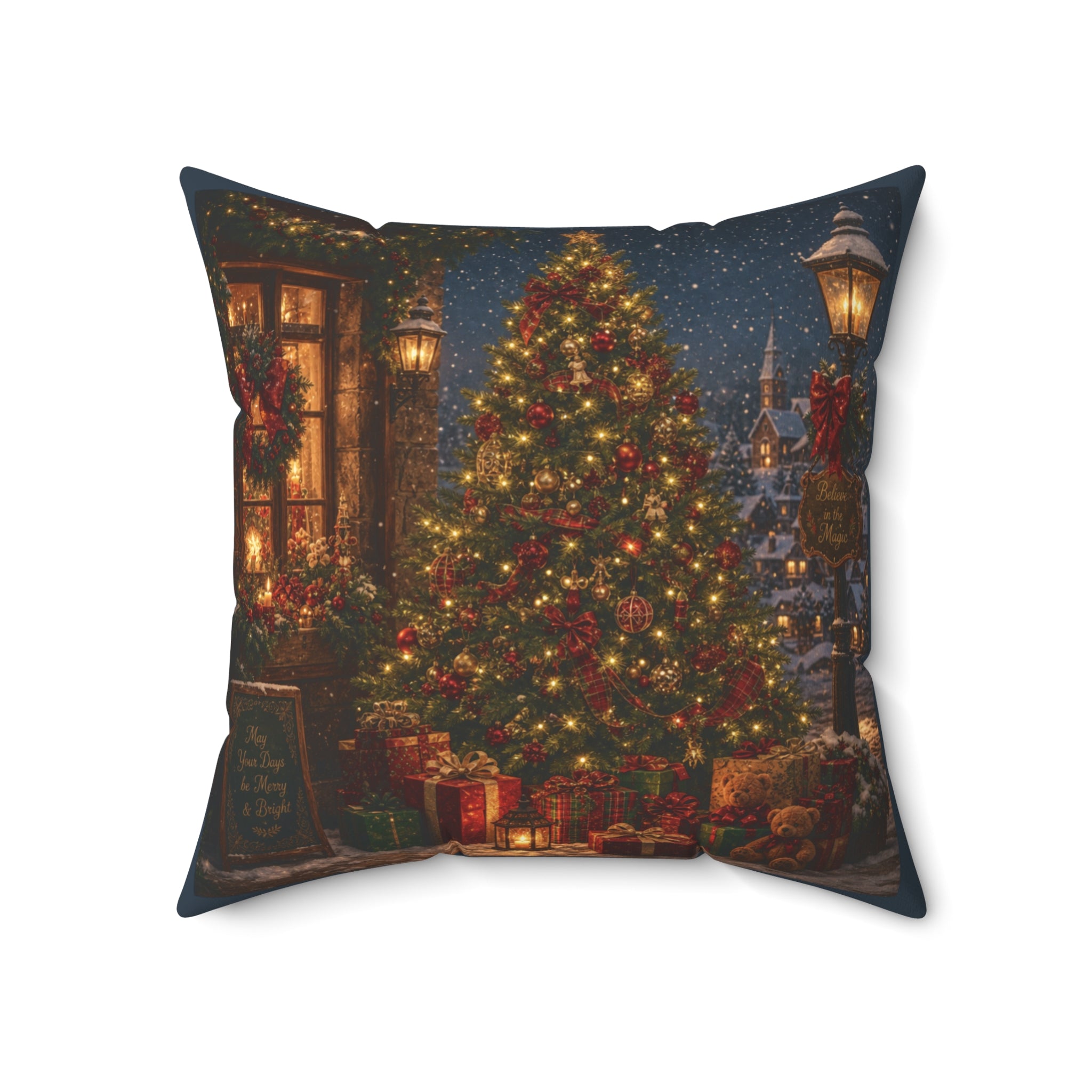 Christmas Tree Throw Pillow Cover, Vintage Holiday Village Night Scene Pillow Case, Nostalgic Xmas Decor, Cozy Winter Cushion Cover Gift