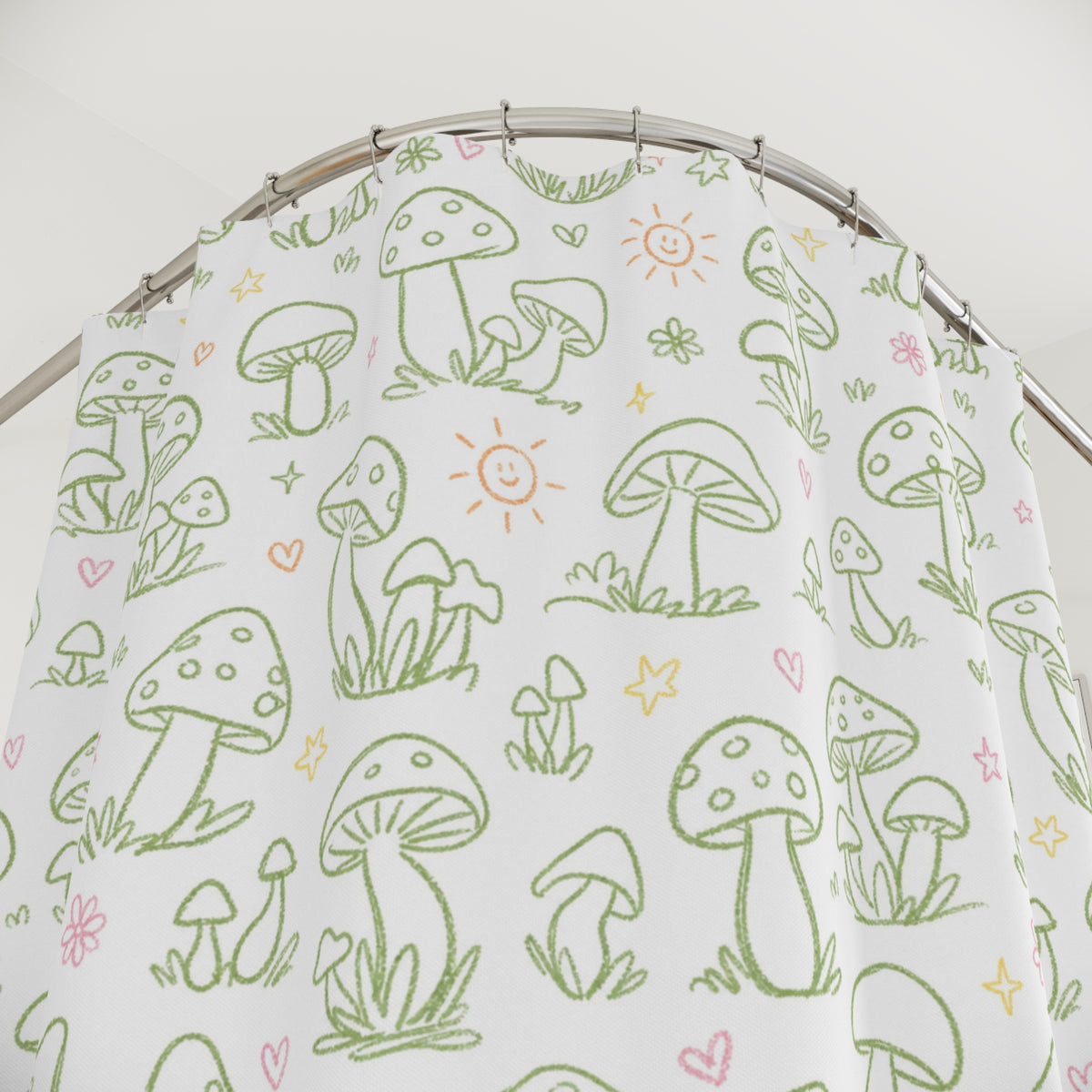 Green Mushroom Shower Curtain, Whimsical Botanical Bathroom Decor, Cottagecore Mushroom Print, Cute Fungi Bath Curtain, Sage Green Decor