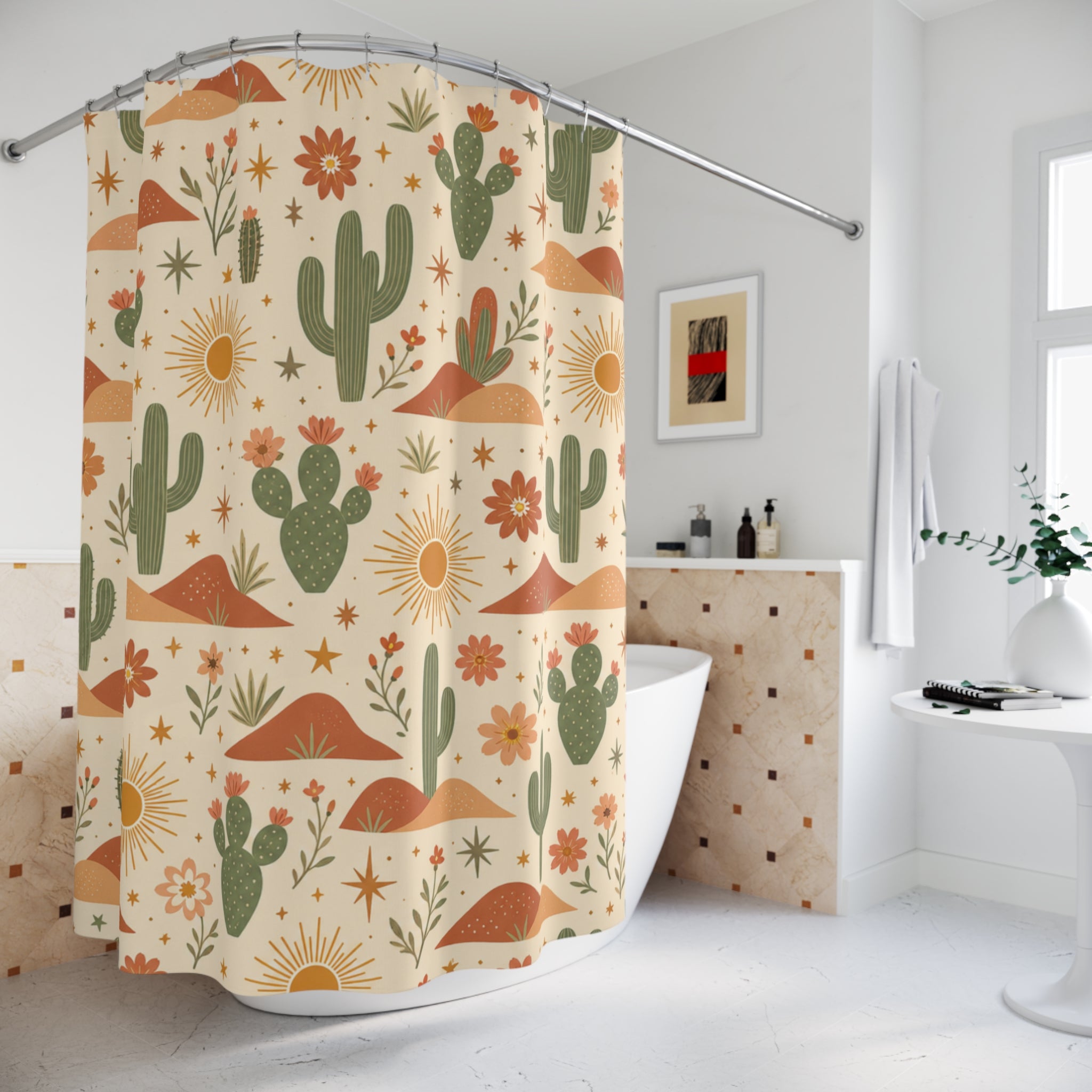 Boho Desert Cactus Shower Curtain, Terracotta Sun Mountain Bathroom Decor, Southwestern Cactus Bath Curtain, Cottagecore Desert Home Gift