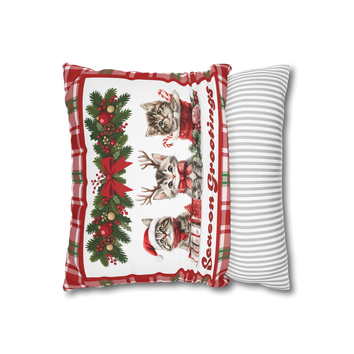 Christmas Kittens Pillow Cover, Cute Cat Holiday Throw Pillow, Red Plaid Snowflake Reversible Cover, Season Greetings Cat Lover Gift