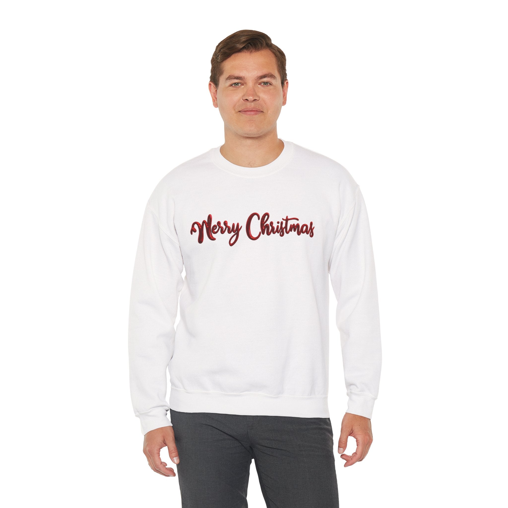 Merry Christmas Sweatshirt, Green Crewneck with Red Metallic Script Font, Christmas Shirt, Holiday Sweater, Xmas Gift for Her, Gift for Him