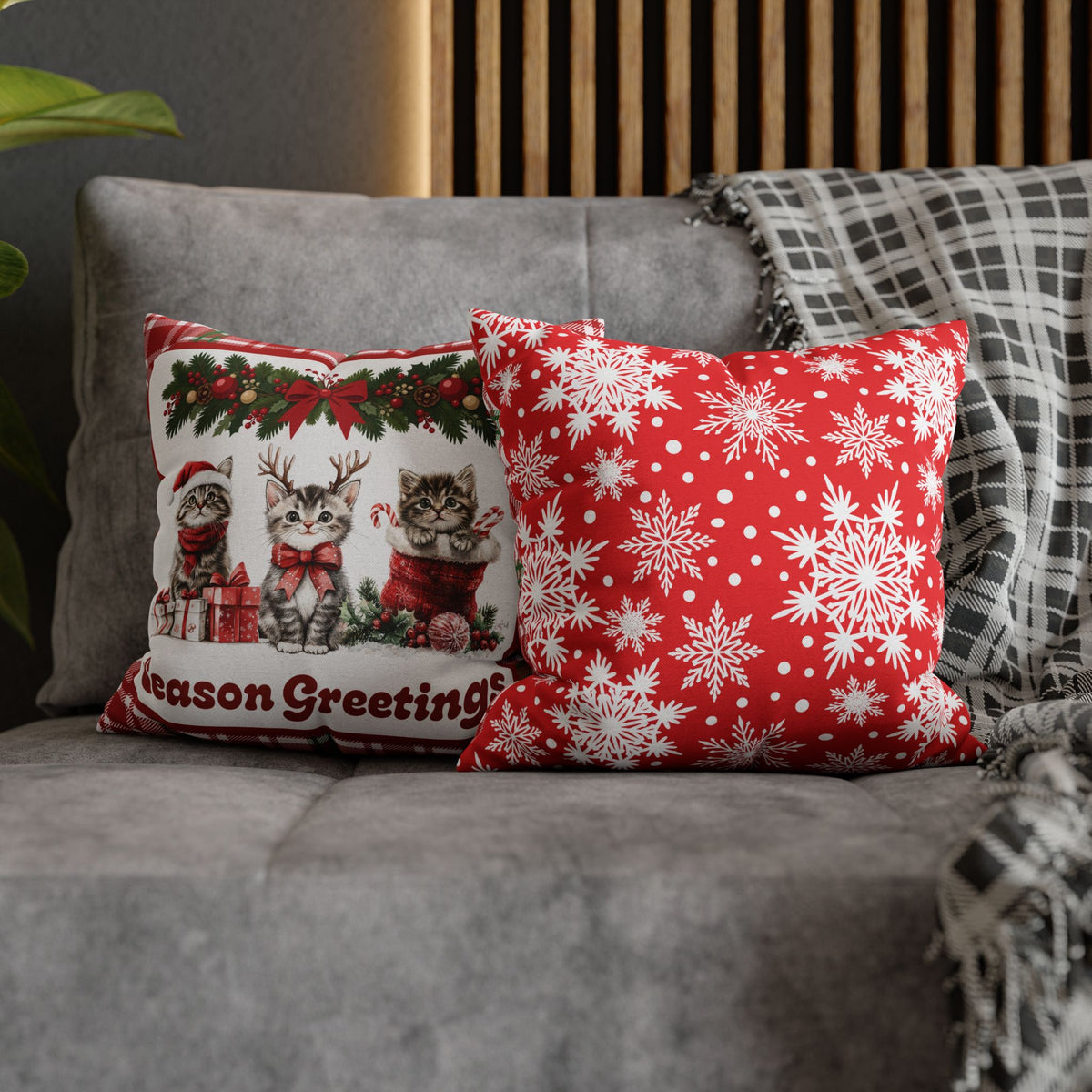Christmas Kittens Pillow Cover, Cute Cat Holiday Throw Pillow, Red Plaid Snowflake Reversible Cover, Season Greetings Cat Lover Gift