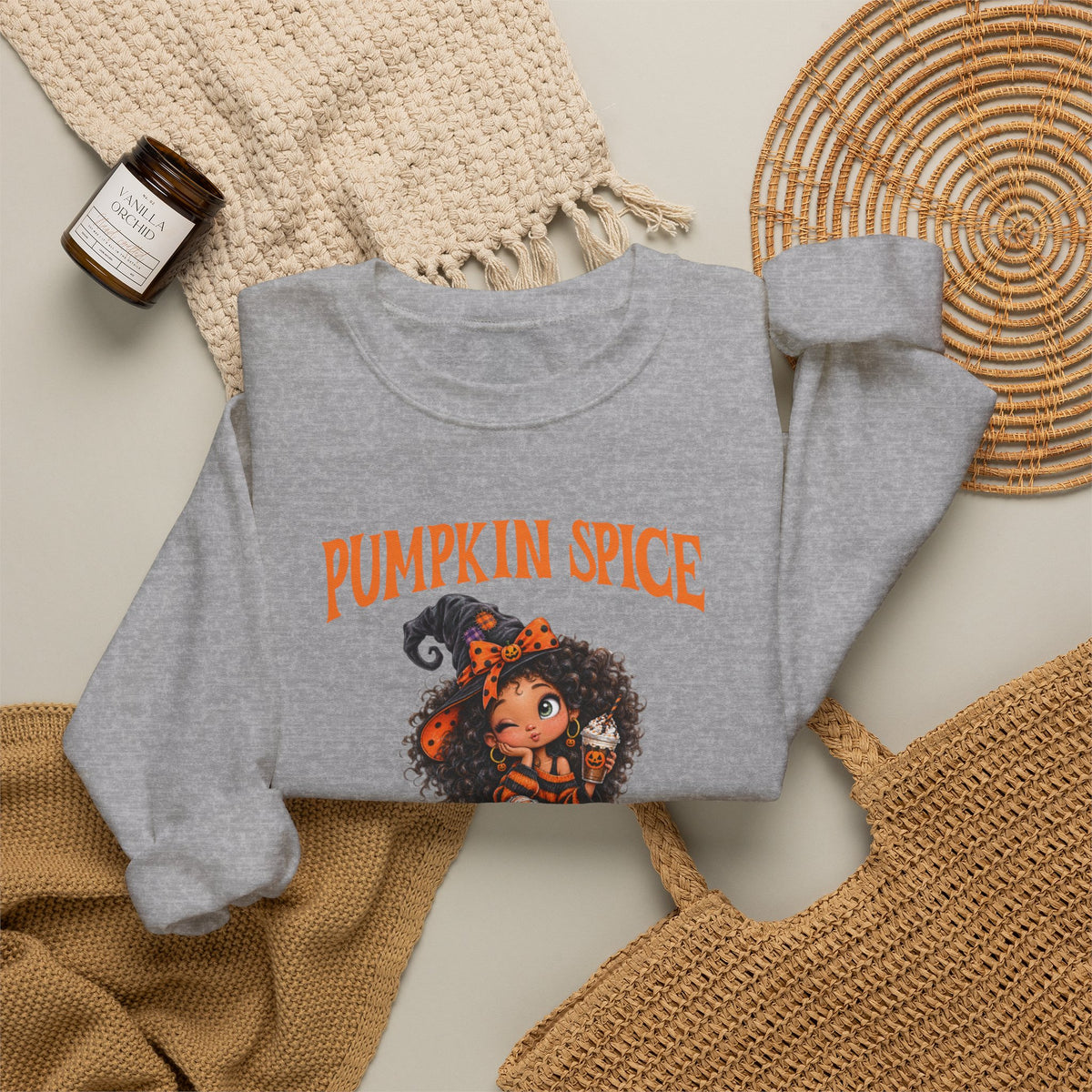 Pumpkin Spice and Everything Nice Sweatshirt, Curly Hair Girl Fall Crewneck, Halloween Pumpkin Sweater, Autumn Coffee Fall Shirt Gift