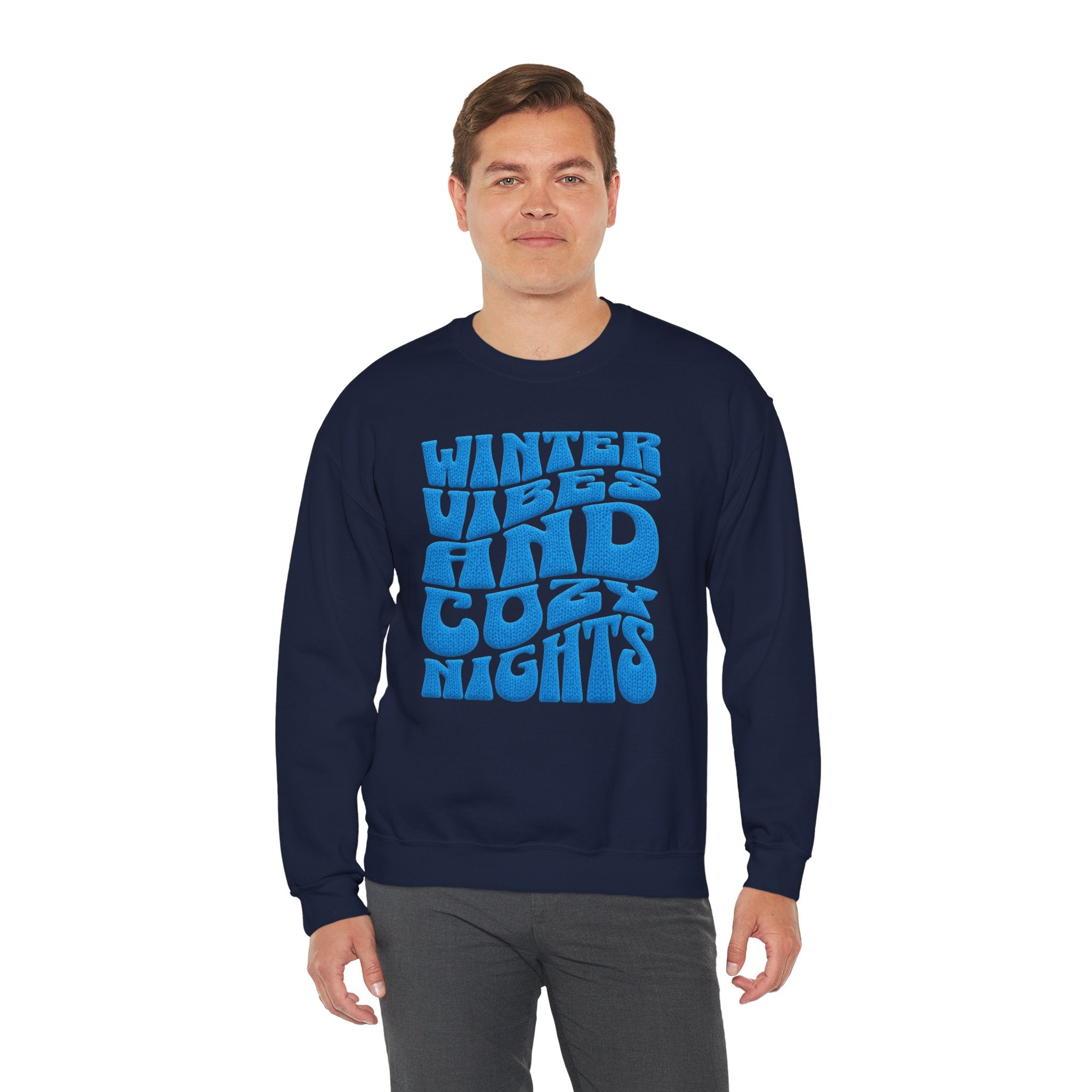 Winter Vibes And Cozy Nights Sweatshirt, Retro Wavy Bubble Letter Sweatshirt, Winter Quote Crewneck, Cozy Season Sweater, Trendy Winter Top
