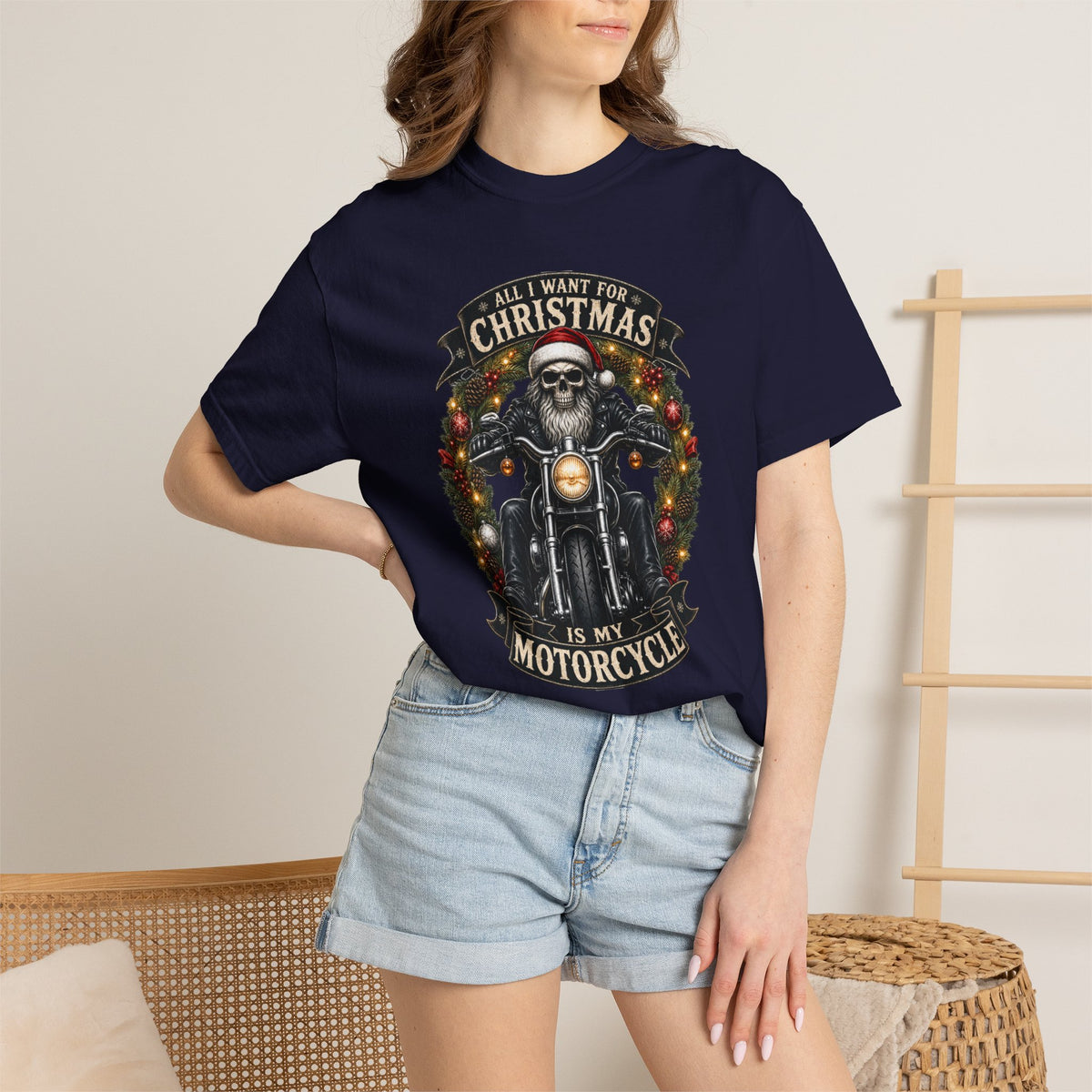 Comfort Colors Skeleton Biker Christmas T-shirt, All I Want for Christmas Is My Motorcycle Shirt, Santa Skull Motorcycle Top, Gift for Biker