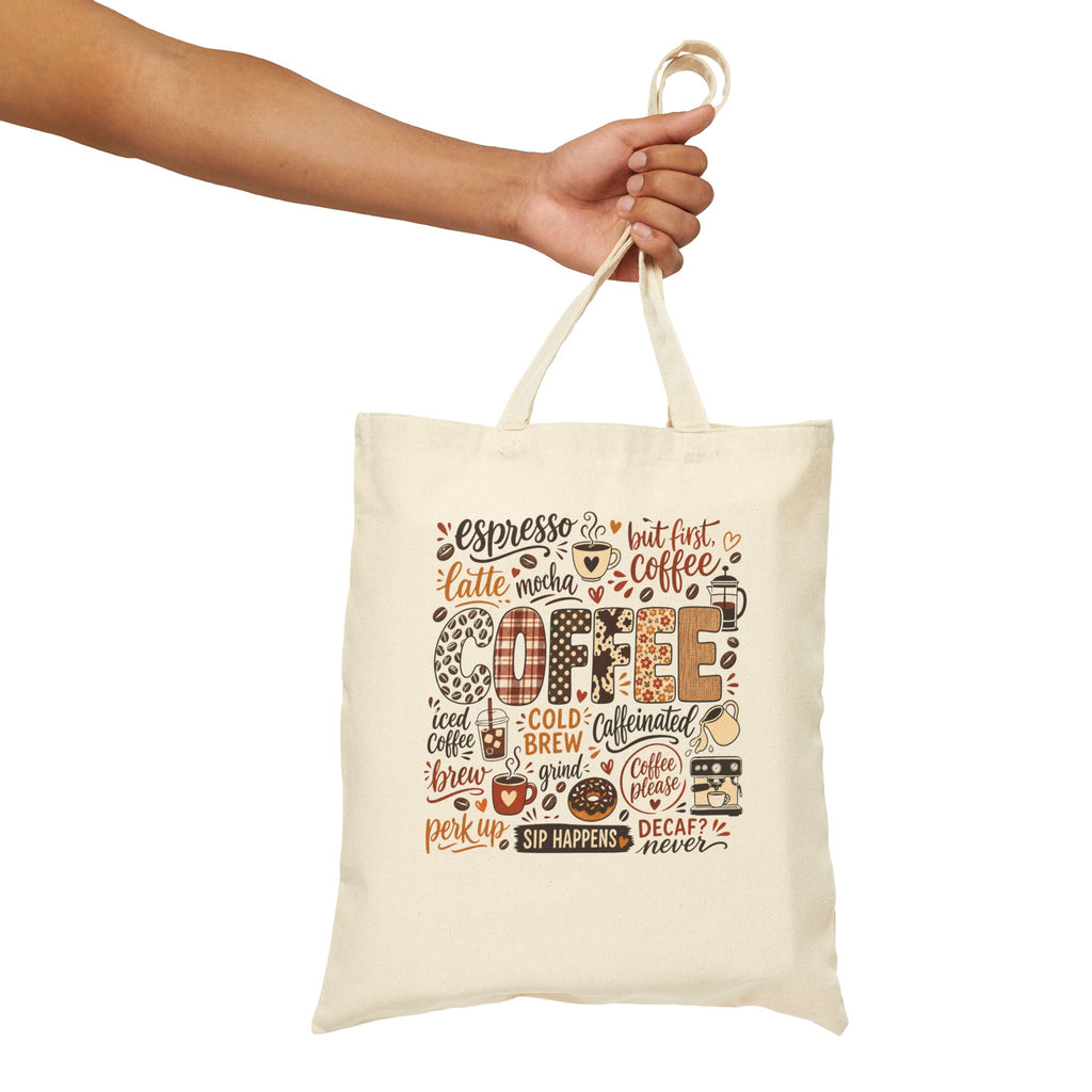 Coffee Typography Tote Bag, Coffee Lover Canvas Tote, Espresso Latte Cafe Design, Cute Coffee Bag Gift, Boho Coffee Tote for Her