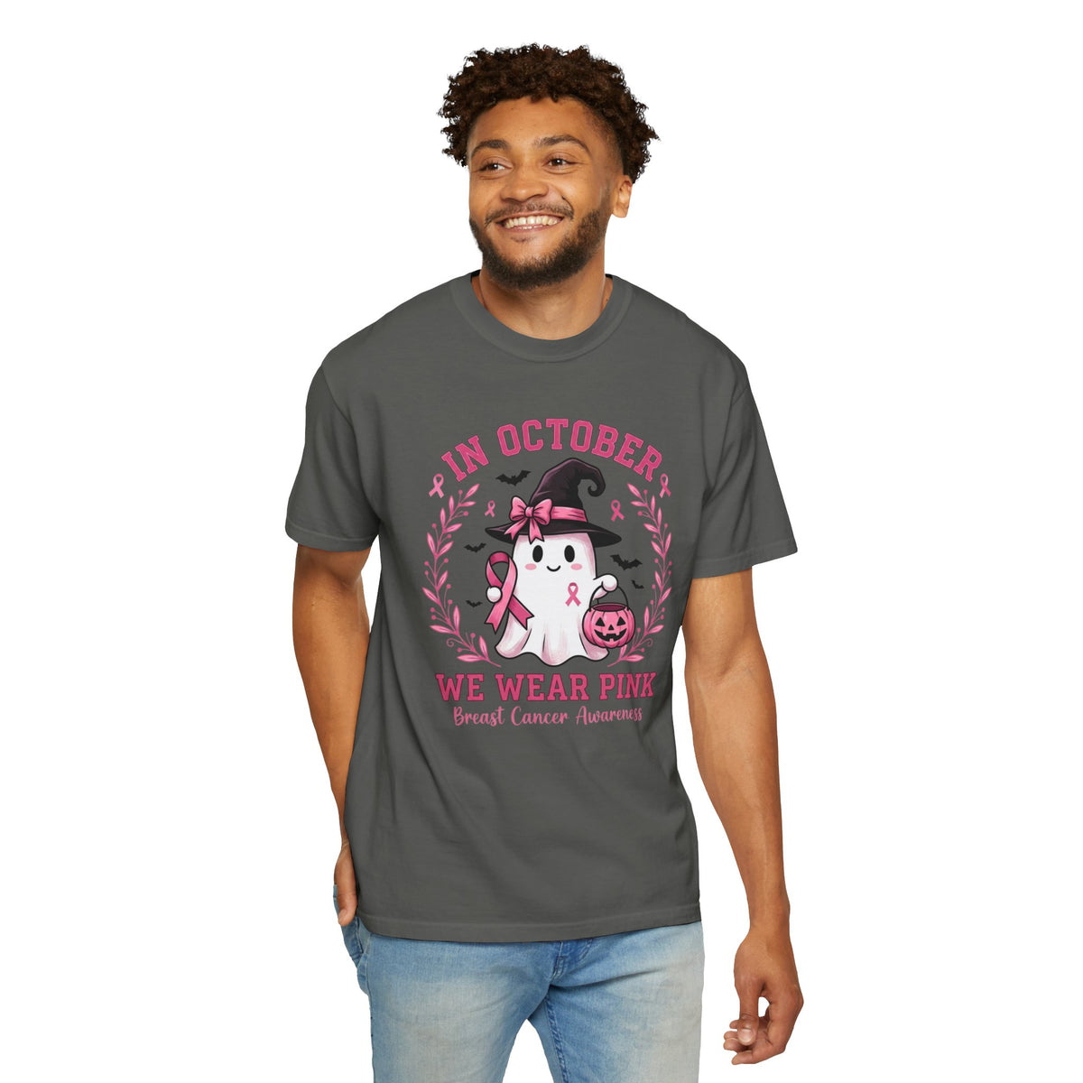 In October We Wear Pink Shirt, Breast Cancer Awareness Ghost Tee, Halloween Pink Ribbon Shirt, Cute Ghost Pumpkin Support Survivor Gift