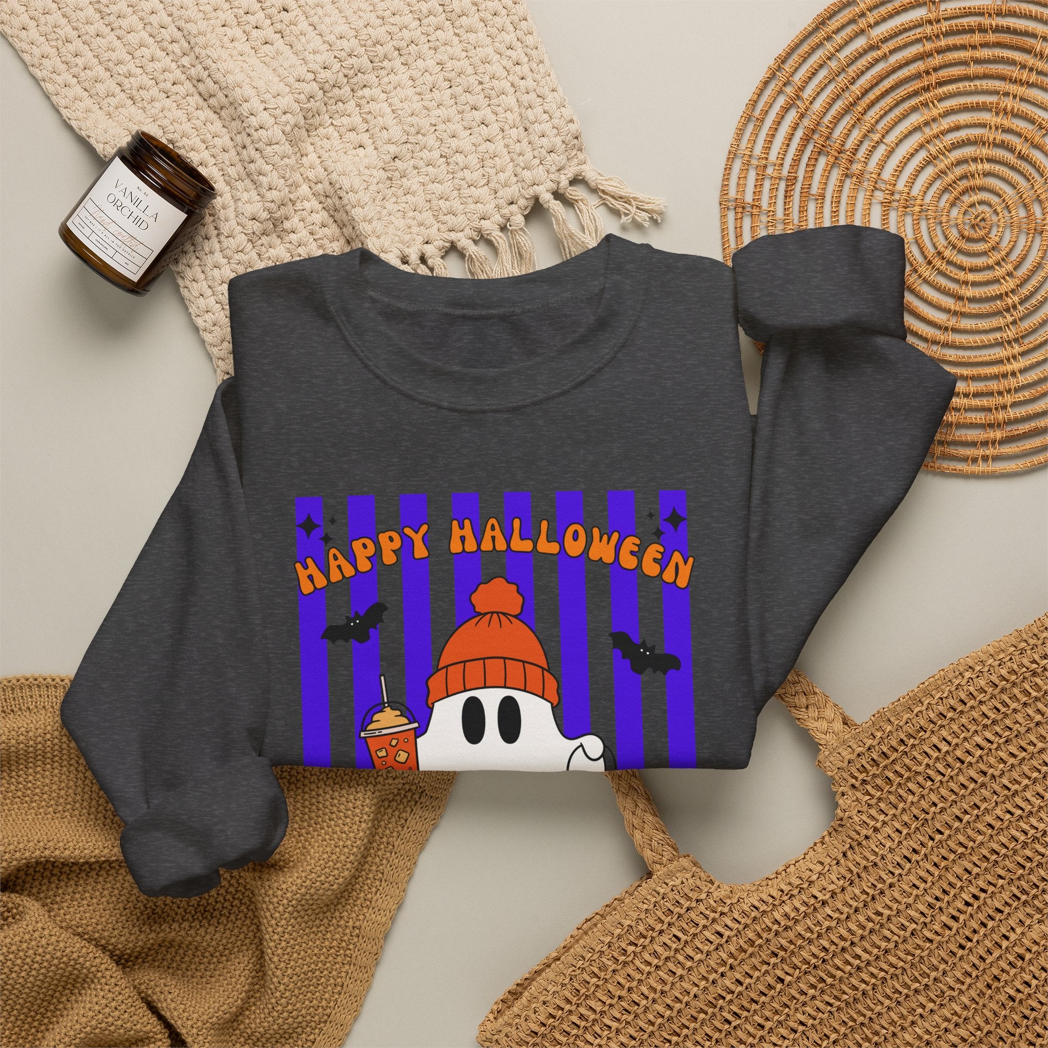 Boo Ghost Halloween Sweatshirt, Cute Ghost Pumpkin Striped Crewneck, Witch Hat Ghost Shirt, Fall Halloween Sweater, Halloween Gift